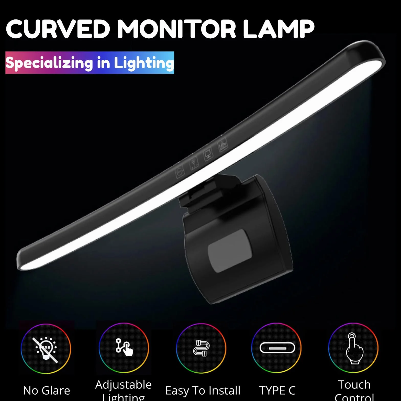 Lampa Monitora Komputerowego, Zakrzywiony Ekran Monitora 5 V 1 A Listwa świetlna do Pielęgnacji Oczu, E Reading LED Lampa Zadaniowa z funkcją ściemniania Dotykowego, 7 Kolorów RGB