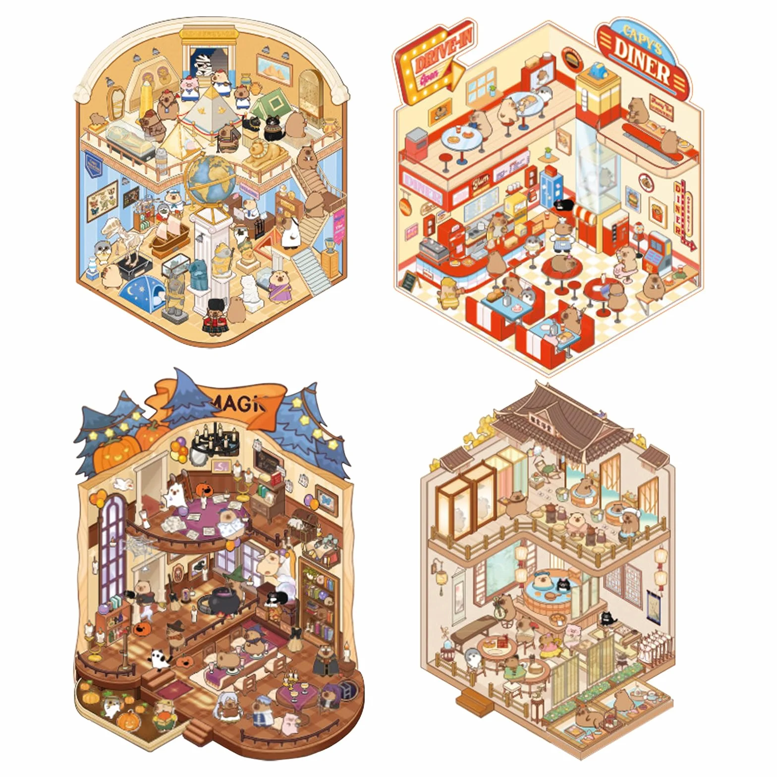AYNKH 4 zestawy DIY Capybara World Series 3D naklejki krajobrazowe, urocze zabawne naklejki z kreskówkową sceną, muzeum, hotel, domek na drzewie, restauracja, ulga, stres, mijanie czasu, kreatywne