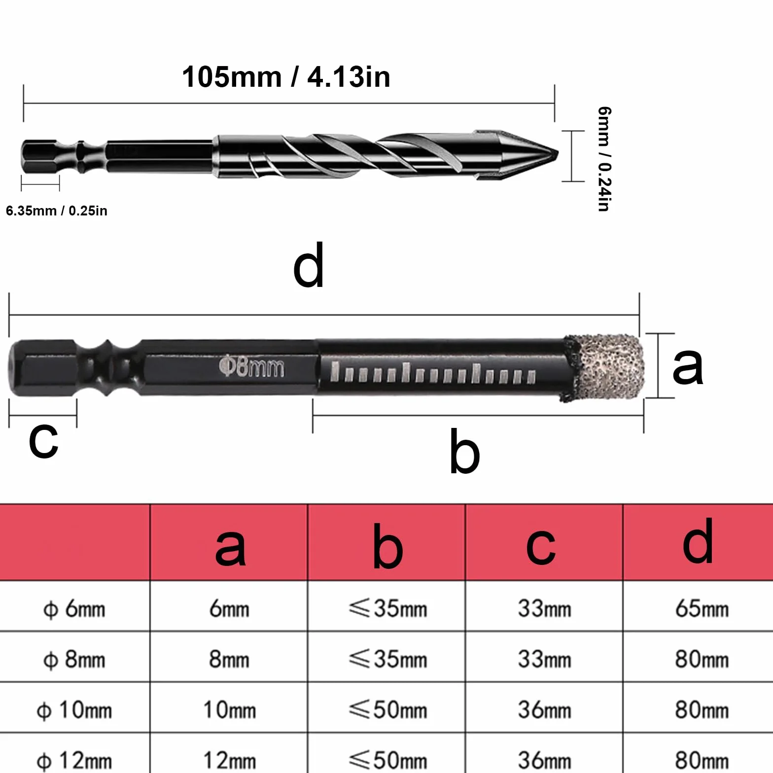 Zestaw wierteł do płytek 5-częściowy 6, 8, 10, 12 mm, wiertło diamentowe do szkła do ceramiki, granitu, szkła, porcelany, płytek, twardych płytek, gresu porcelanowego