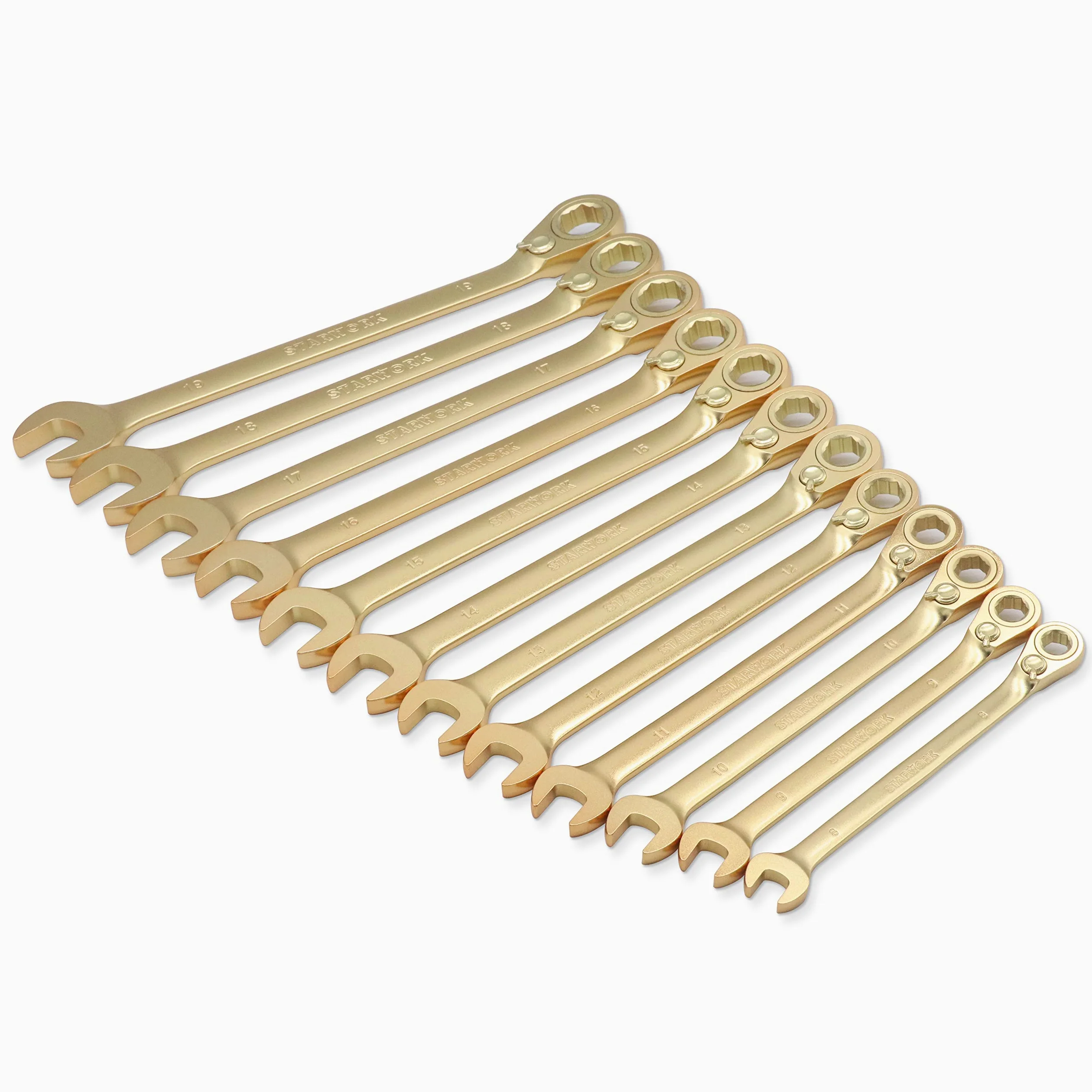STARWORK 12 szt. 6-punktowy metryczny 15° offset vintage G-platering dwustronny antypoślizgowy długi wzór grzechotka zestaw kluczy kombinowanych (8-19 mm)