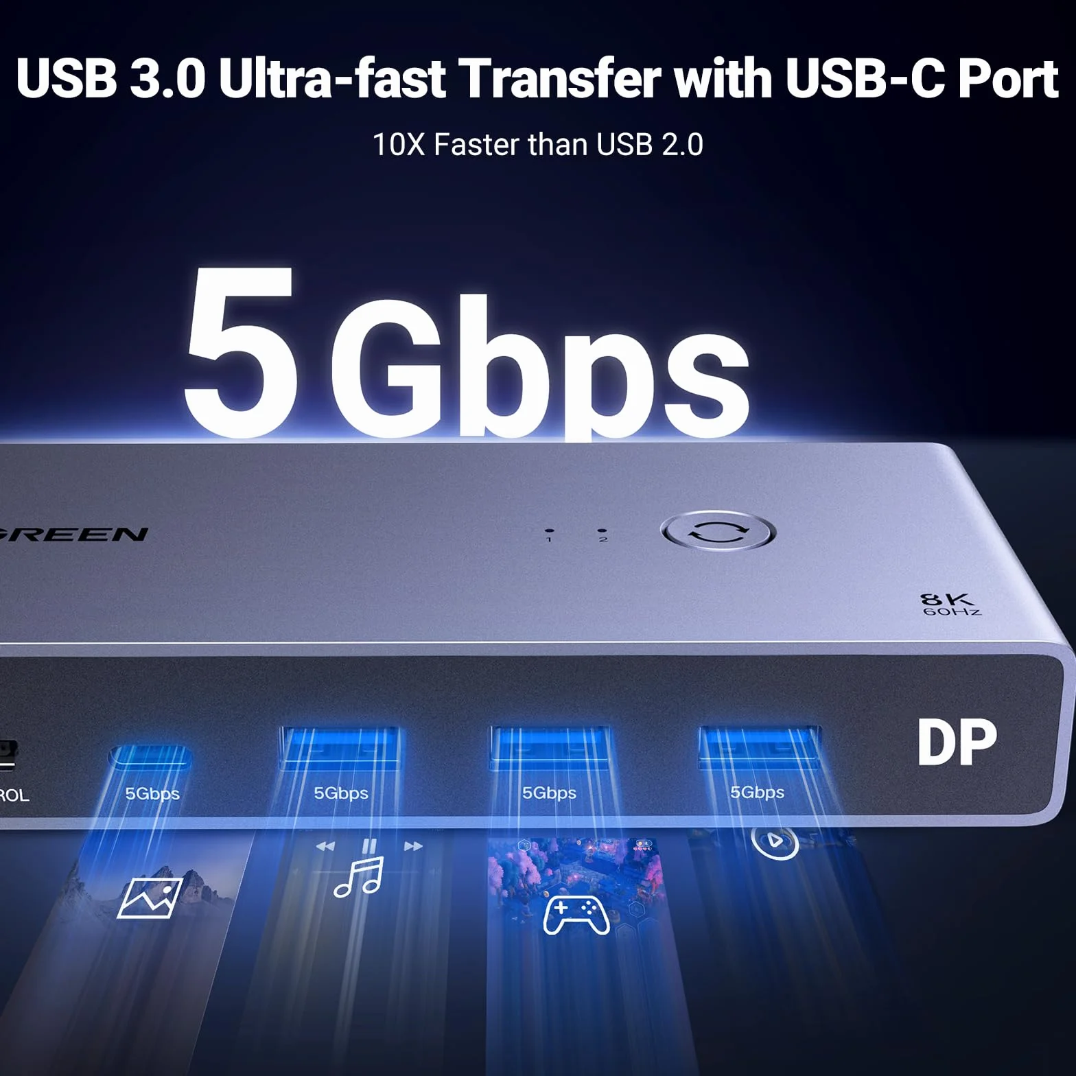 UGREEN Przełącznik 8K 60 Hz Displayport KVM, przełącznik DP 1.4 KVM, przełącznik KVM 2 pc 1 monitor, 4K 240 Hz, 4 porty USB, przełącznik KVM USB C, 4 porty USB przełącznik klawiatury, myszy, dysku