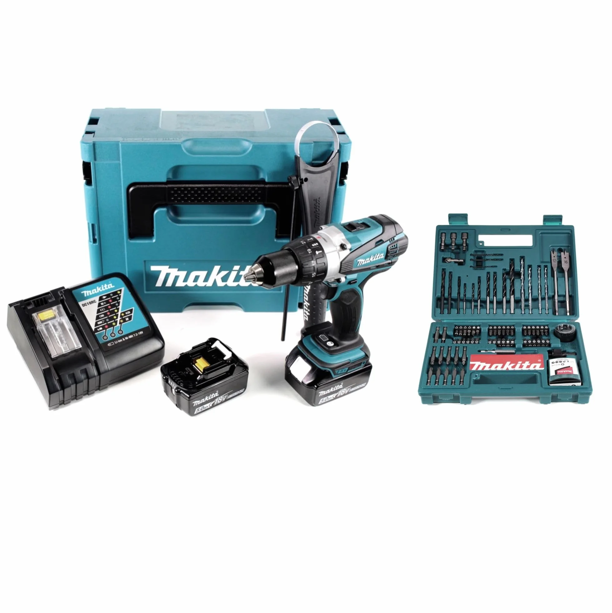 Makita DHP 458 RTJ akumulatorowa wiertarko-wkrętarka udarowa, 18 V, 91 Nm, w Makpac + 2 akumulatory 5,0 Ah + ładowarka + Makita Bit i bity i 100-częściowy zestaw bitów