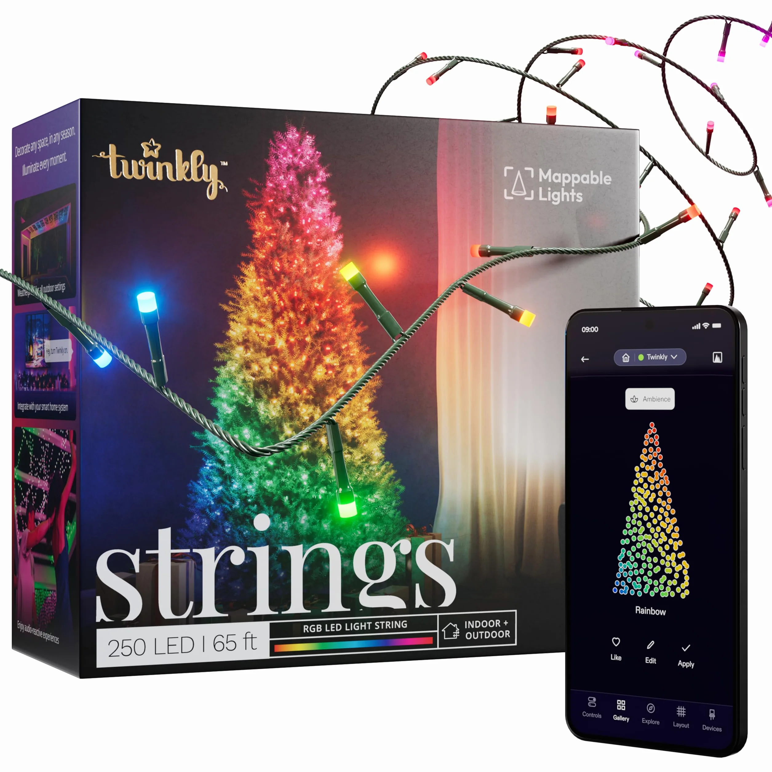 Twinkly Strings 250 LED RGB, łańcuch świetlny LED do użytku na zewnątrz i wewnątrz, inteligentne światła LED, kompatybilny z Alexa i Google Home, IP44, dekoracja bożonarodzeniowa, sterowanie