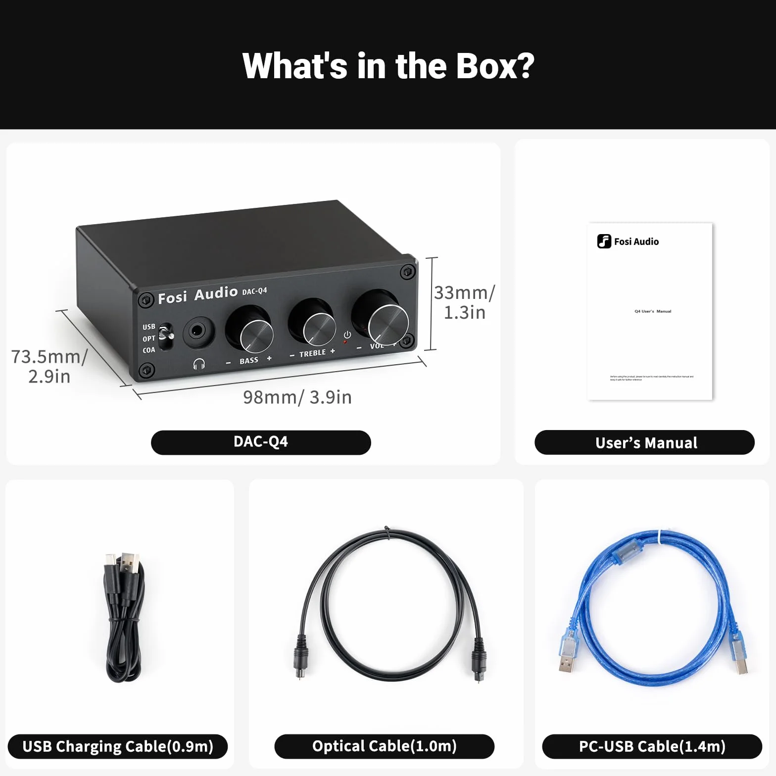 Fosi Audio Q4 Wzmacniacz Słuchawkowy DAC, Mini Stereofoniczny Wzmacniacz Cyfrowo-Analogowy, USB COAX OPT do 3,5 mm Gniazda AUX RCA, do Aktywnych Głośników Zasilanych z Komputera Stacjonarnego