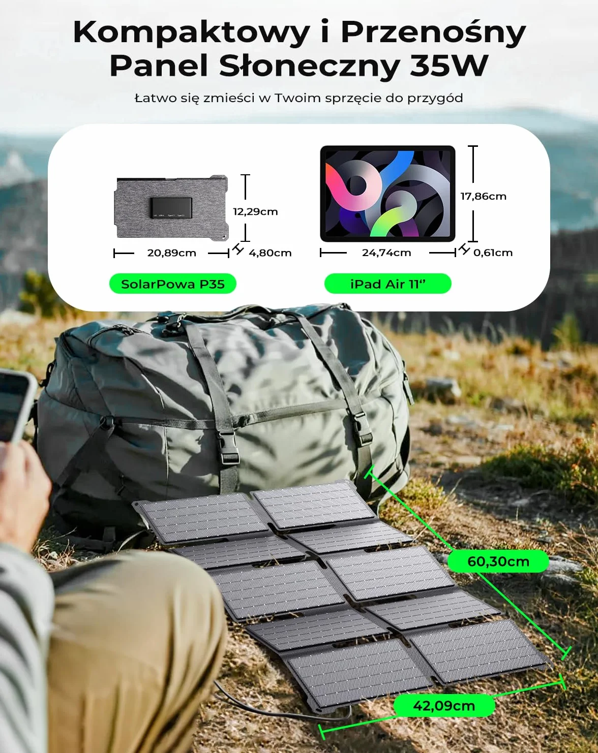 Przenośna Ładowarka Słoneczna BigBlue 35W PD 25W USB-C IP68 Składana do iPhone Android iPad