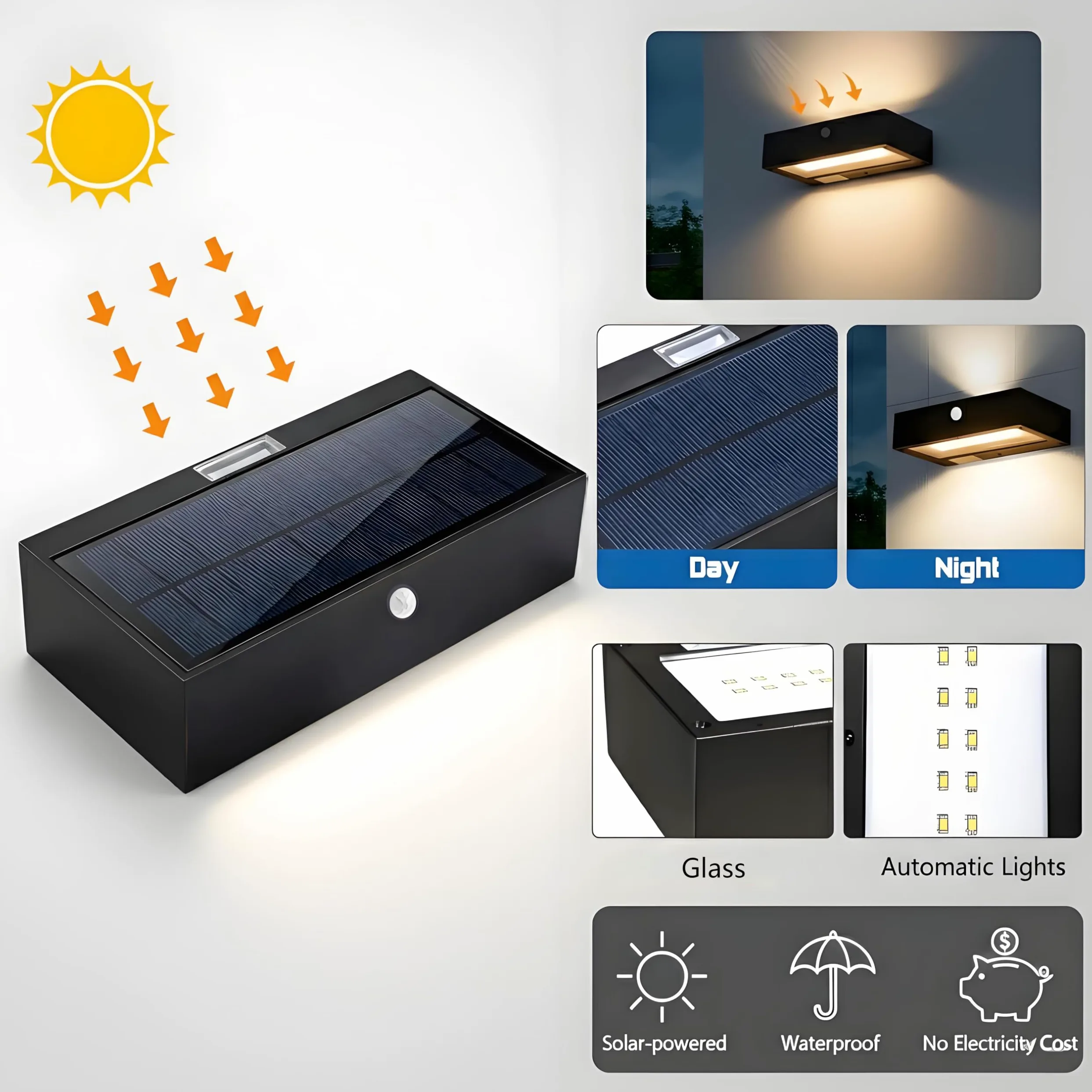 ACMHNC Zewnętrzna lampa solarna, zewnętrzna lampa słoneczna, 18 diod LED w górę i w dół zewnętrzna lampa solarna czujnik zmierzchu, bateria 4400 mAh, aluminium i szkło, ciepła biel