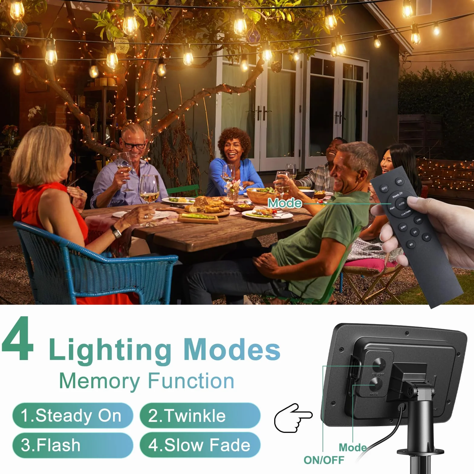 Quntis Łańcuch świetlny 31 m, IP65, nietłukące się żarówki, pilot, ładowanie solarne/USB C, timer, automatyczne ściemnianie, wodoszczelny, do ogrodu, na balkon, taras, imprezę, podwórko