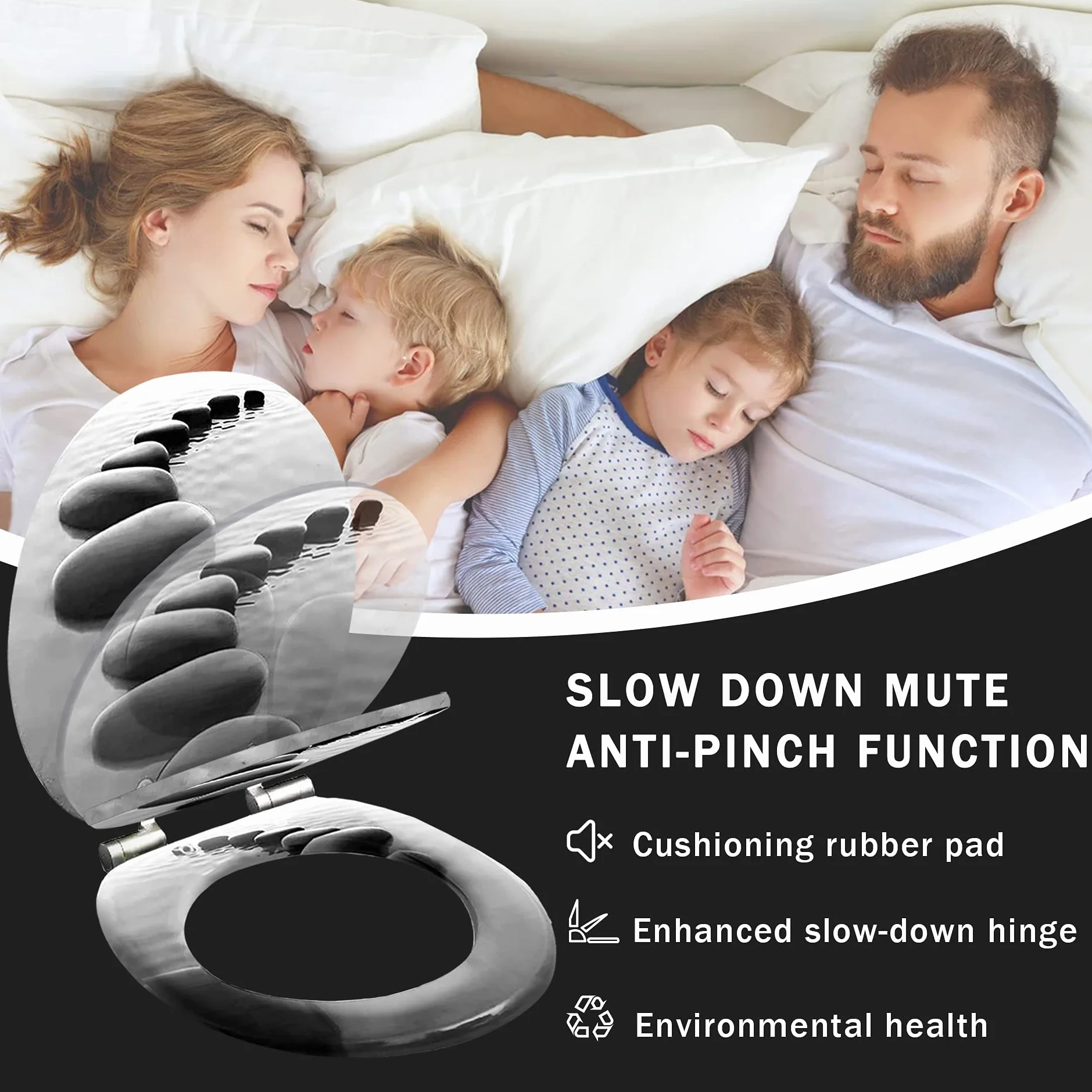 Deska sedesowa wolnoopadająca, deska sedesowa wolnoopadająca i szybkozamykająca, płyta MDF, stabilna jakość, łatwe czyszczenie (czarny kamień)
