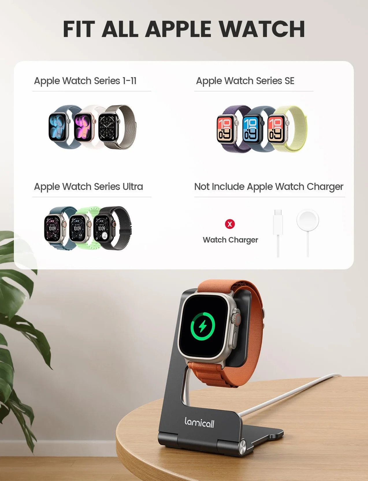 Lamicall Podstawka Ładująca do Apple Watch Aluminiowa Stacja Ładująca Series 11/10/9/8/7 SE3 Ultra 3/2 49mm 46mm 45mm 42mm 40mm