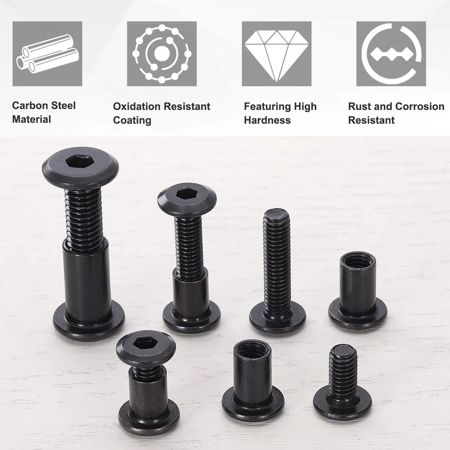 QUARKZMAN 10 zestawów Śruby z łbem sześciokątnym M6x45mm z nakrętkami M6x12mm i kluczem sześciokątnym, śrubami i śrubami łączącymi meble do paska wpuszczanego mebli, czarny