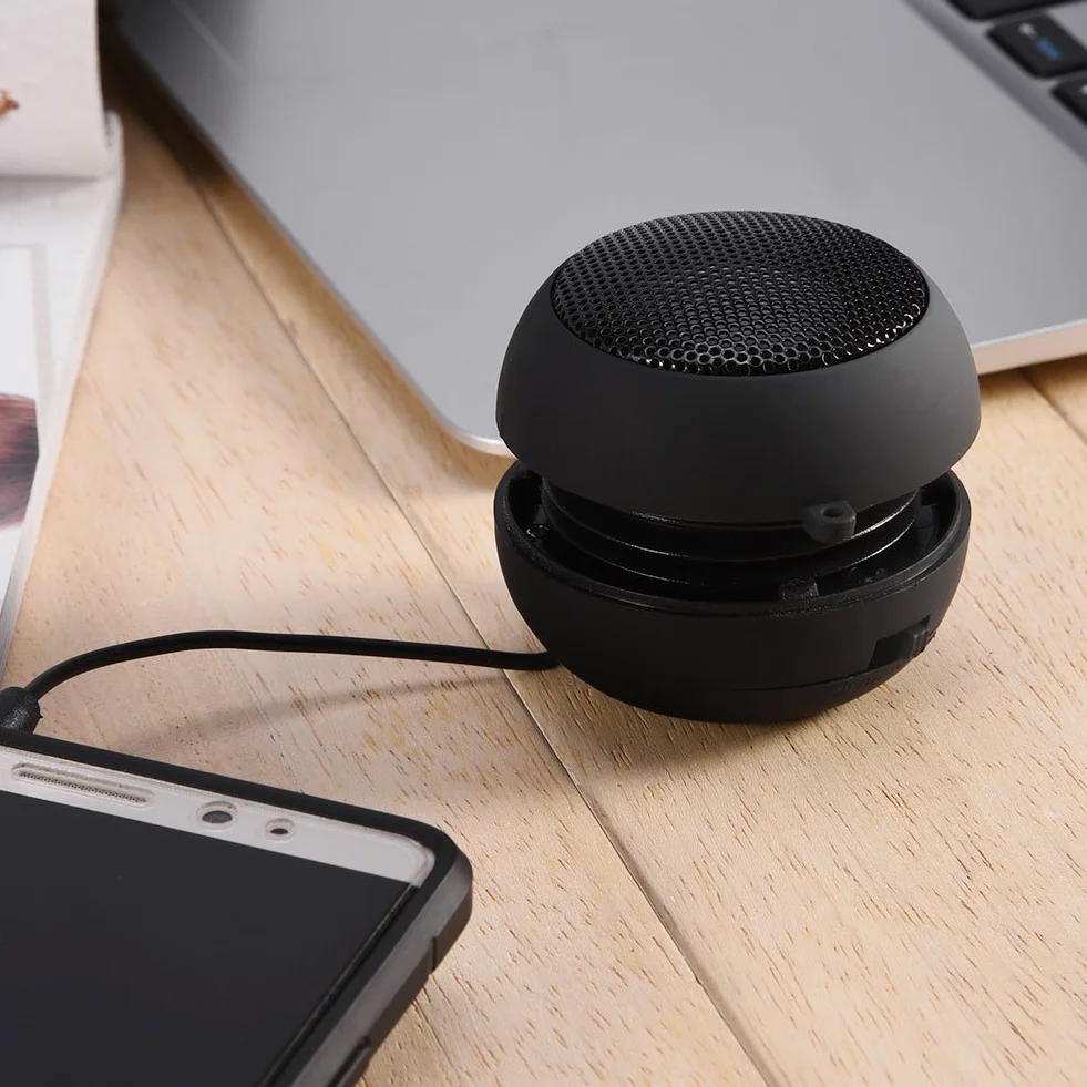 Mini głośnik 3,5 mm, czarny, chowany głośnik podróżny z kablem USB do MP3, telefonów komórkowych, komputerów itp.