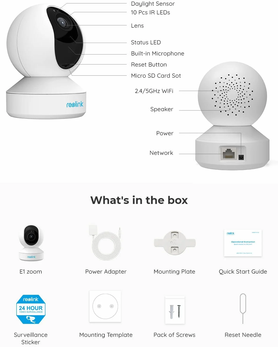 Reolink 5MP PTZ Wewnętrzna Kamera WiFi, 2.4/5 GHz, Detekcja AI Osób/Zwierząt, Auto-Śledzenie, 3X Zoom, 2-kierunkowe Audio, E1 Zoom