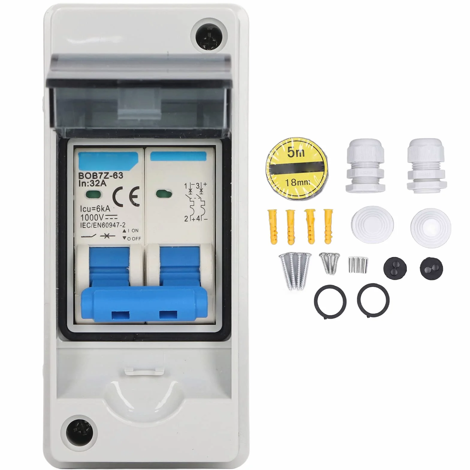 2P 32A 1000V DC Przerywacz, 6KA IP65 Wodoodporny Izolator DC Odłącznik Słoneczny do Panelu Słonecznego System Fotowoltaiczny