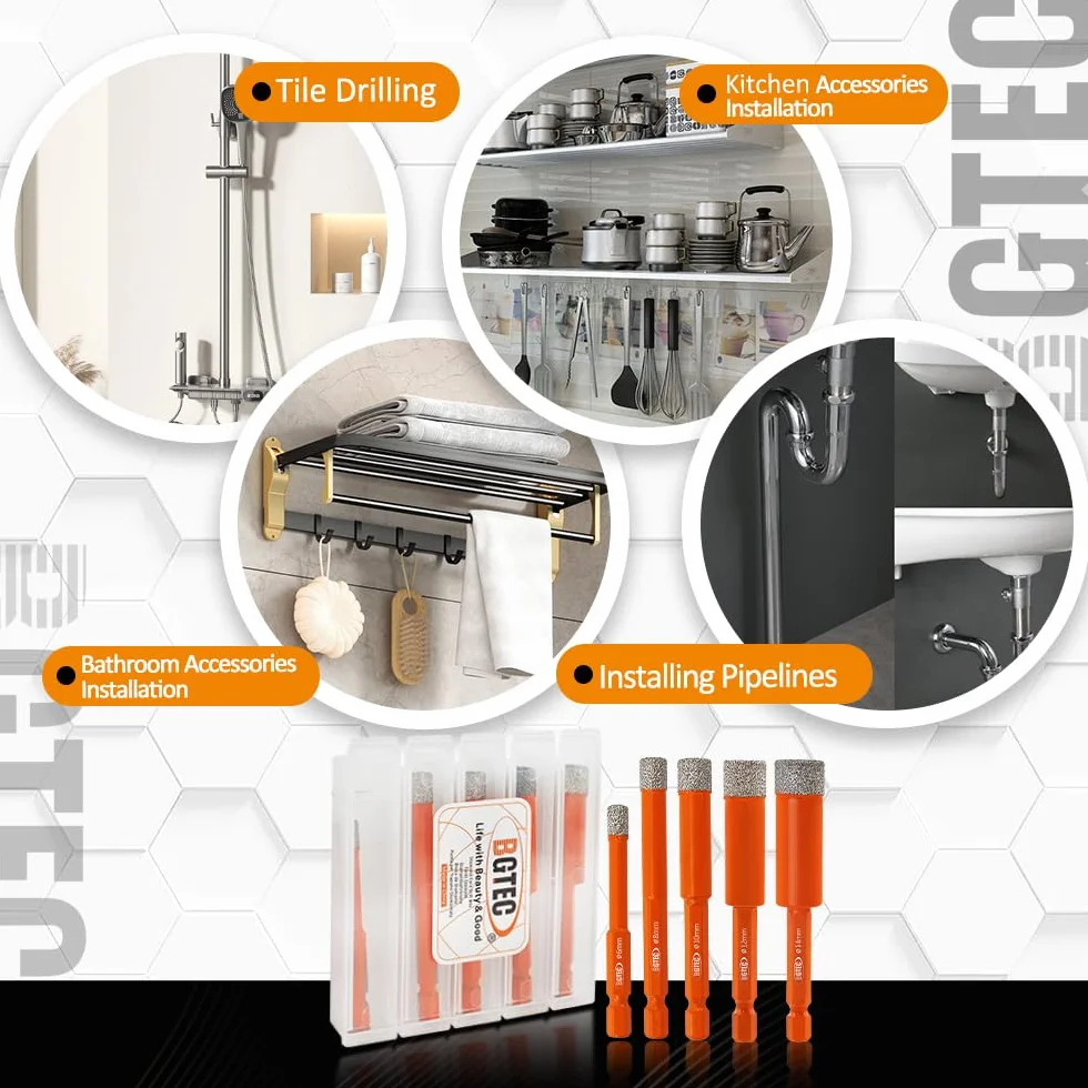 BGTEC Suche diamentowe wiertła 5 szt. 6 mm z uchwytem sześciokątnym do granitu marmuru porcelanowego płytki ceramicznej