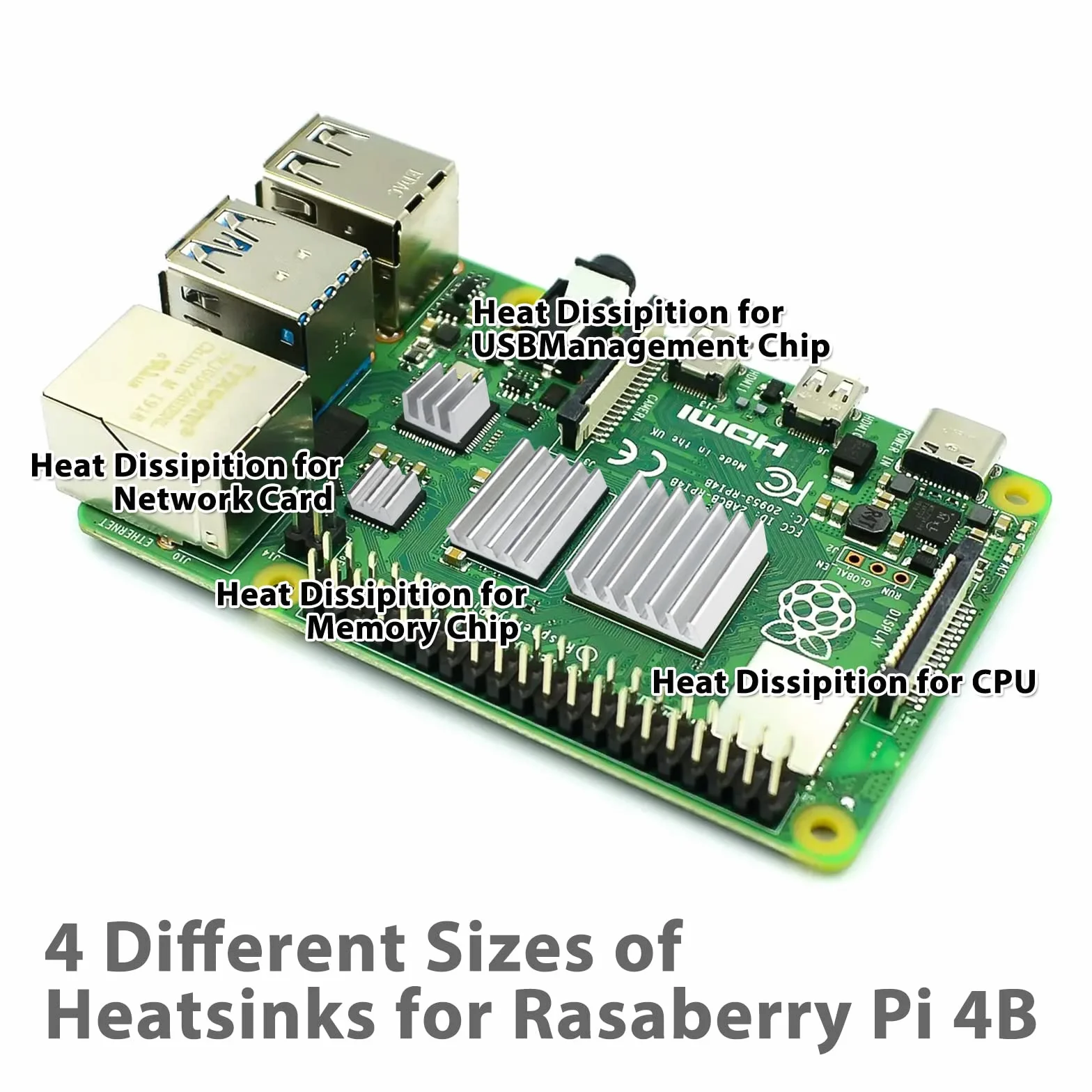 Zestaw 32 radiatorów (zestaw 8 sztuk) do Raspberry Pi 4B, aluminiowy, zestaw chłodzący radiatorem z taśmą przewodzącą ciepło, model 4, model B, srebrny