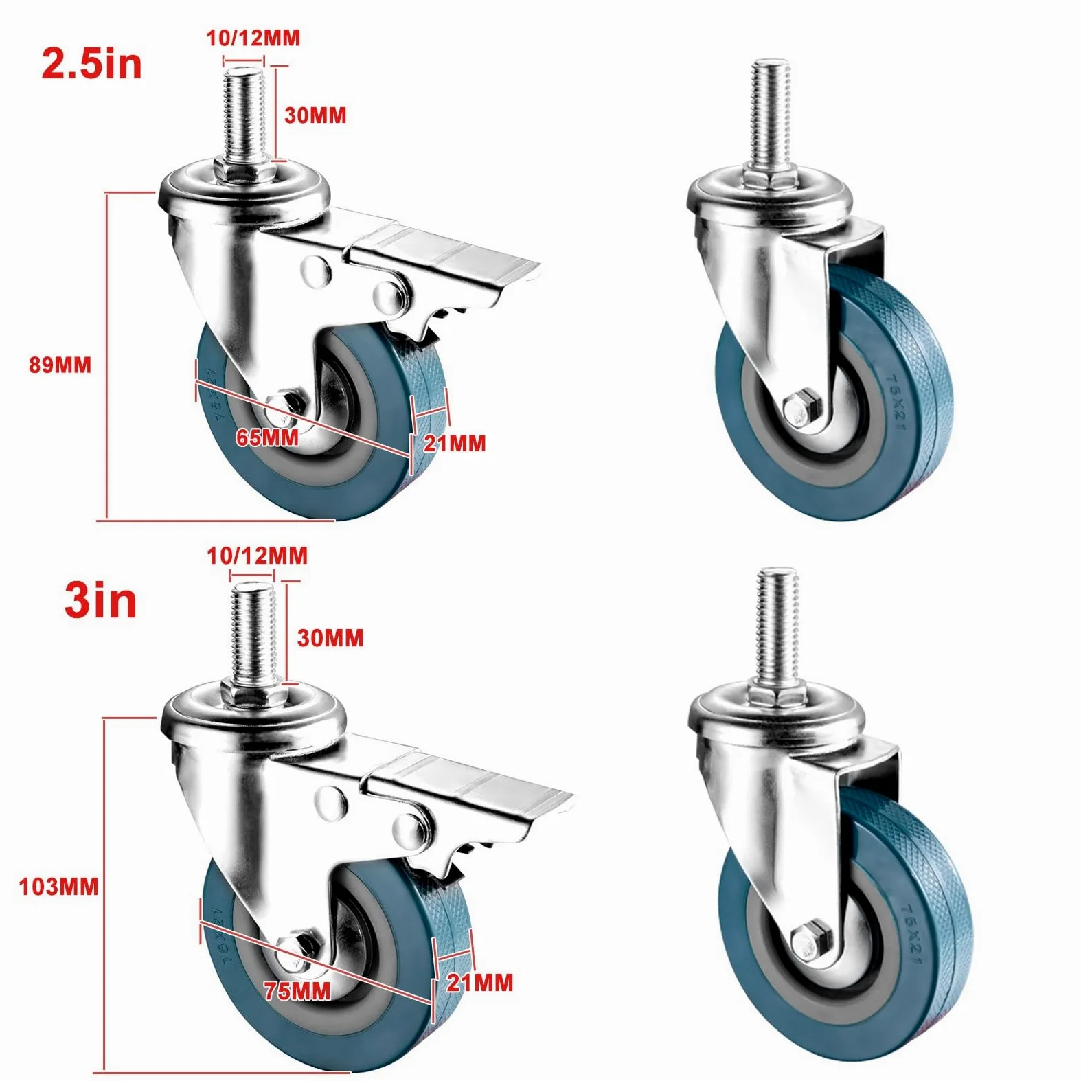 kółka skrętne 65/75 mm, 4 ciche kółka z hamulcem, M10/M12, każde koło może udźwignąć 80 kg, zabezpieczenie przed zużyciem, zamykane kółka bezpieczeństwa, do mebli