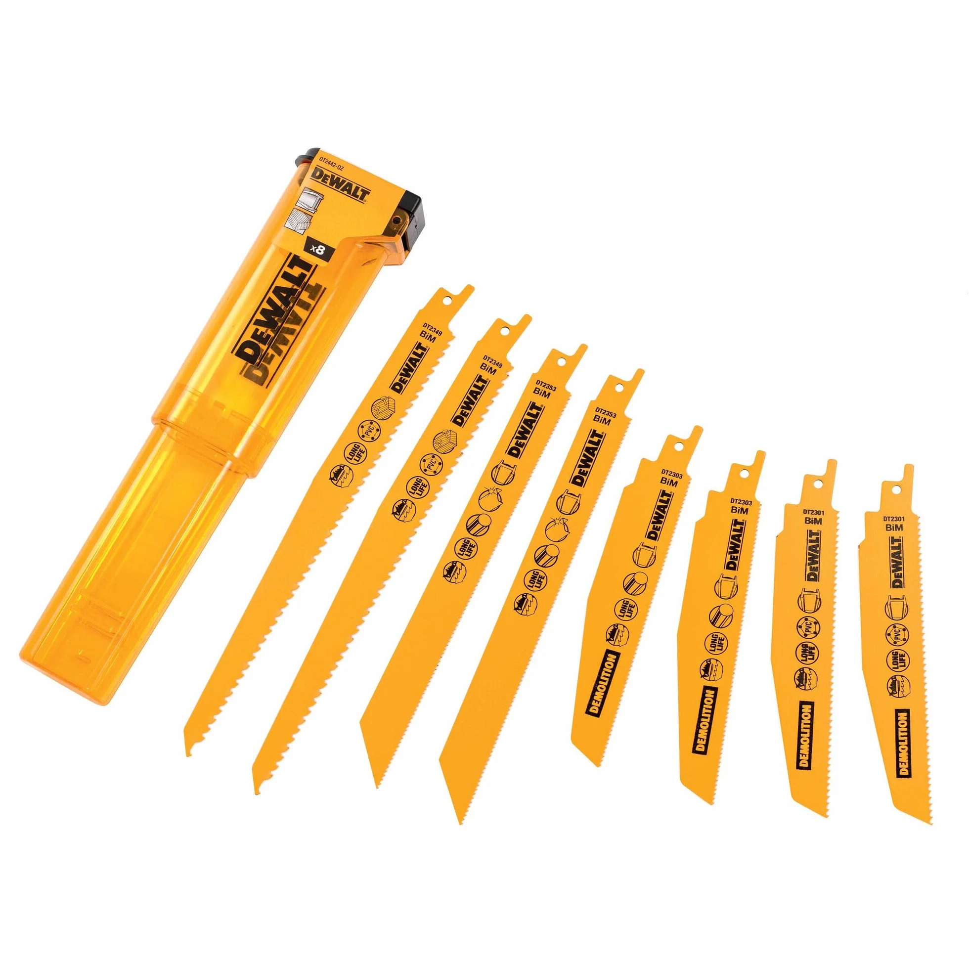 Dewalt 8-częściowy zestaw brzeszczotów do piły szablastej DT2442 (bimetal, uniwersalny trzpień 1/2", opatentowany kształt zębów, agresywna geometria zębów)
