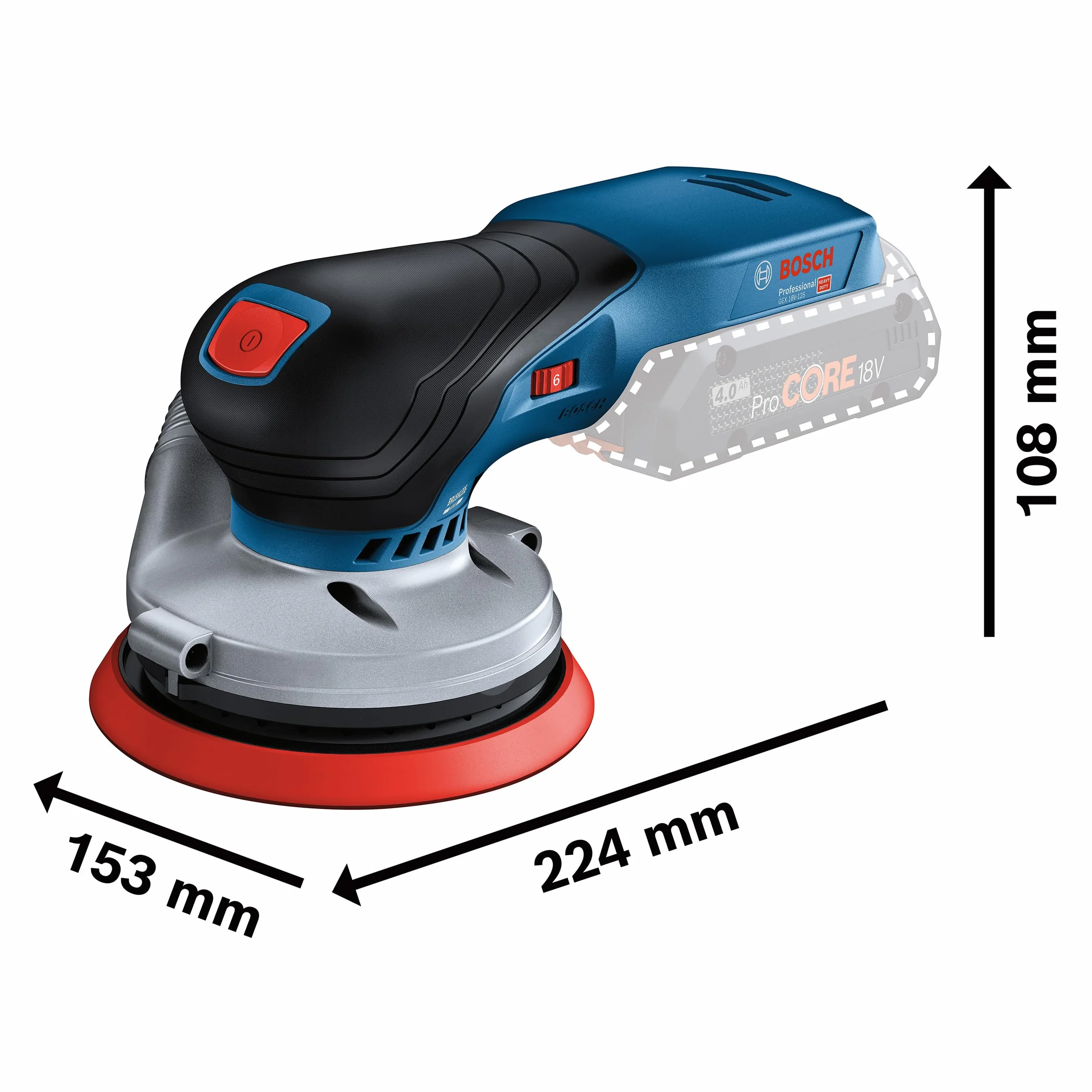 Bosch Professional system 18V: akumulatorowa szlifierka mimośrodowa GEX 18V-125 (talerz szlifierski 125 mm, 1 papier ścierny, worek na pył)