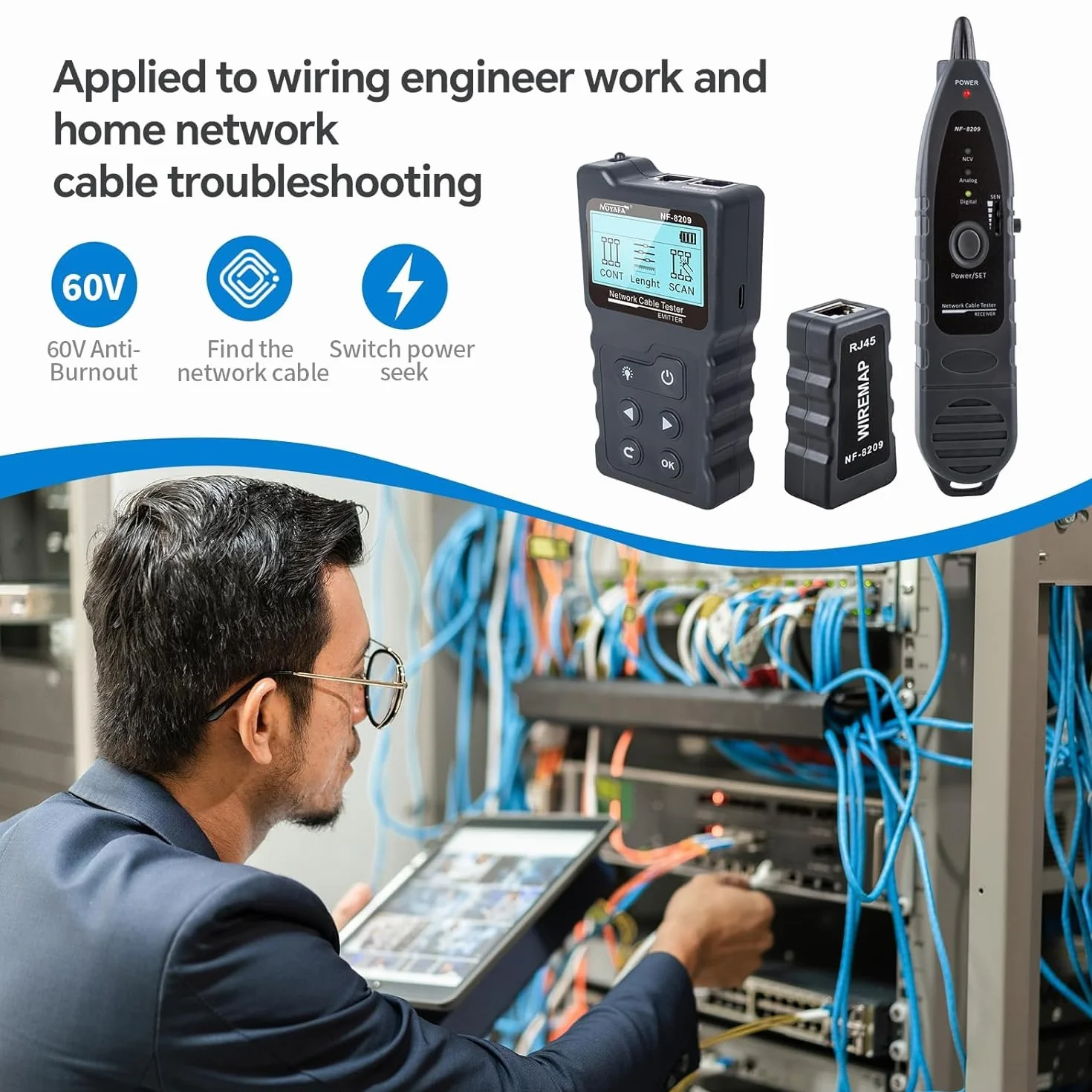 NOYAFA NF-8209 rozszerzony tester kabli z PoE wielofunkcyjny tracker przewodów sieciowych tester do lokalizacji LAN CAT5 CAT6