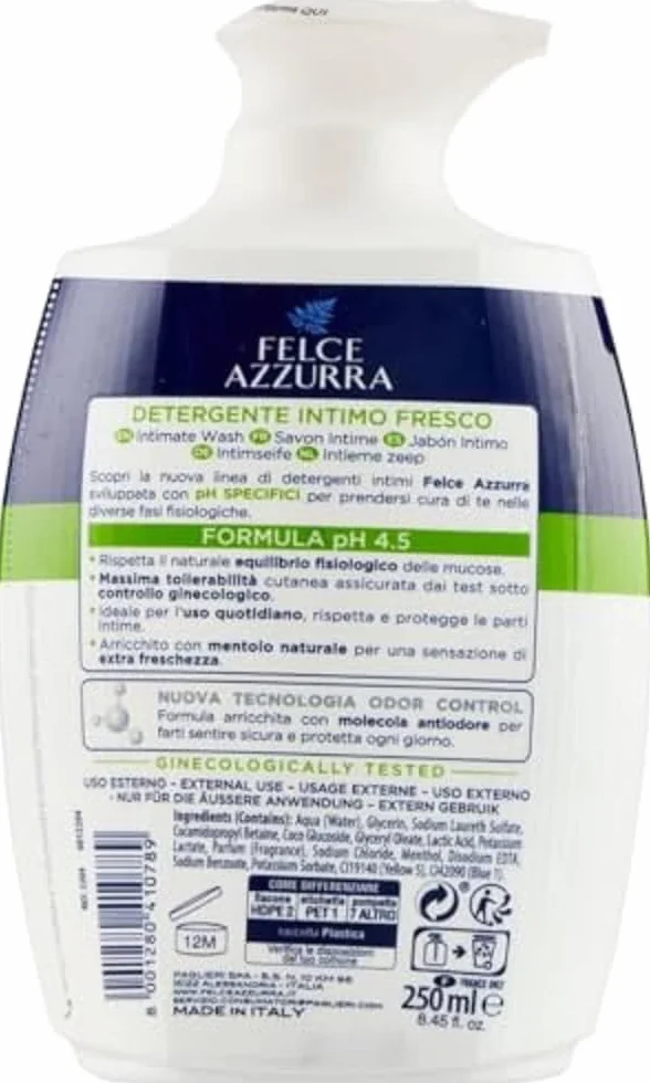 Felce Azzurra - Świeży środek czyszczący Intimo – wartość pH 4,5 naturalna świeżość – 250 ml