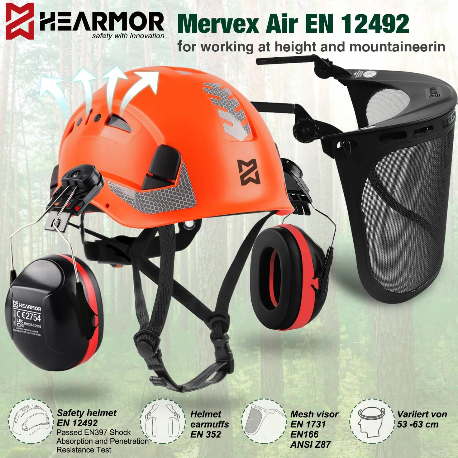 HEARMOR Mervex Forest Air kask ochronny ABS do wysokich miejsc pracy w obszarze leśnym, certyfikat EN12492, certyfikat EN397, amortyzacja uderzeń i odporność na penetrację, kask dla pracowników