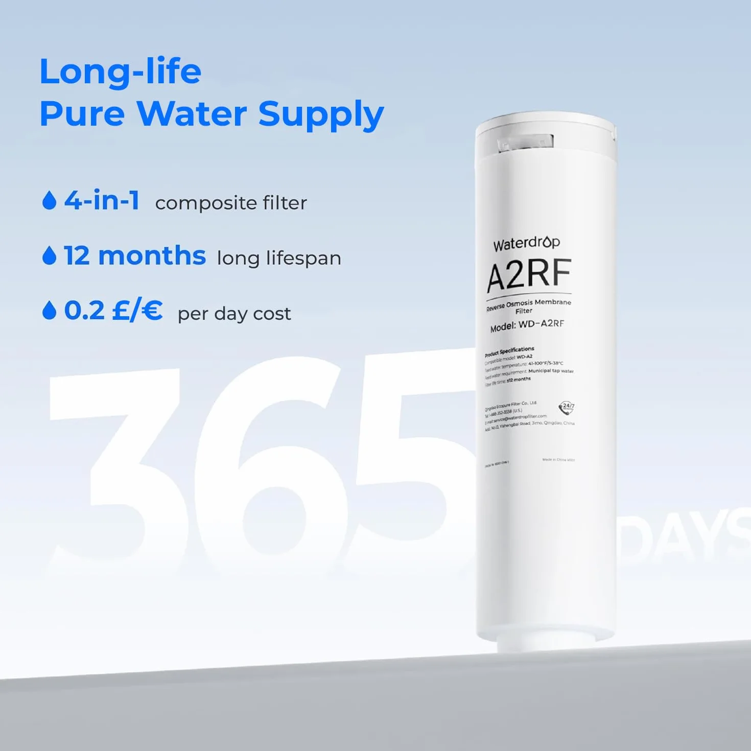 Filtr Waterdrop WD-A2RF, część zamienne do licznika systemu odwróconej osmozy WD-A2, 12-miesięczna żywotność