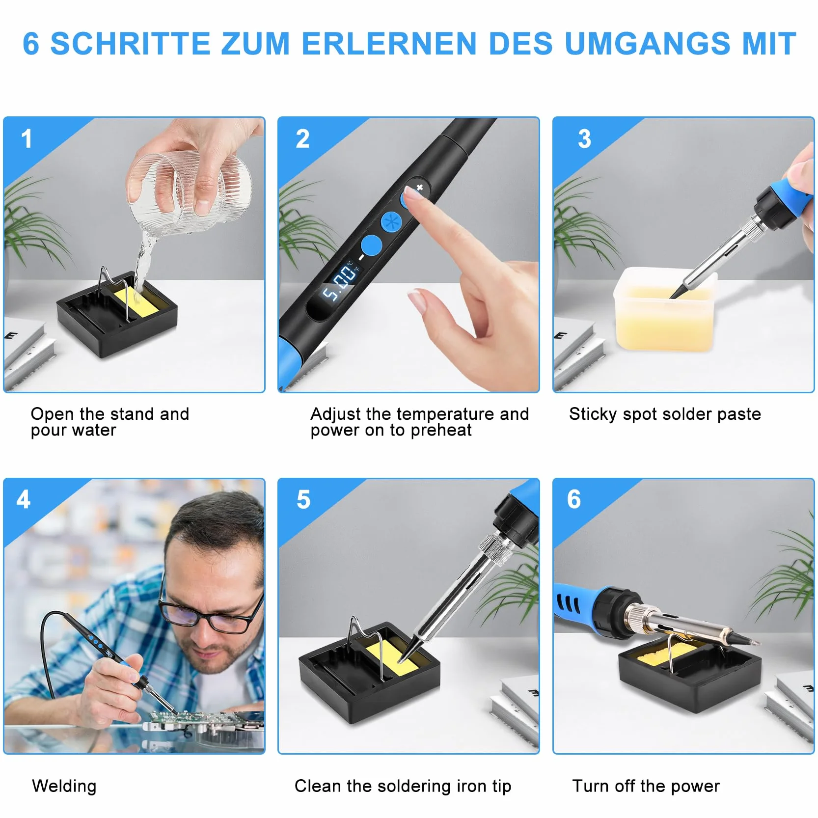 Soldering Iron Set 90 W LCD regulowana temperatura 180-480 °C Żelazko lutownicze z włącznikiem/wyłącznikiem, przewód lutowniczy 50 g, 5 końcówek lutowniczych, pompa do lutowania, stojak do lutowania,
