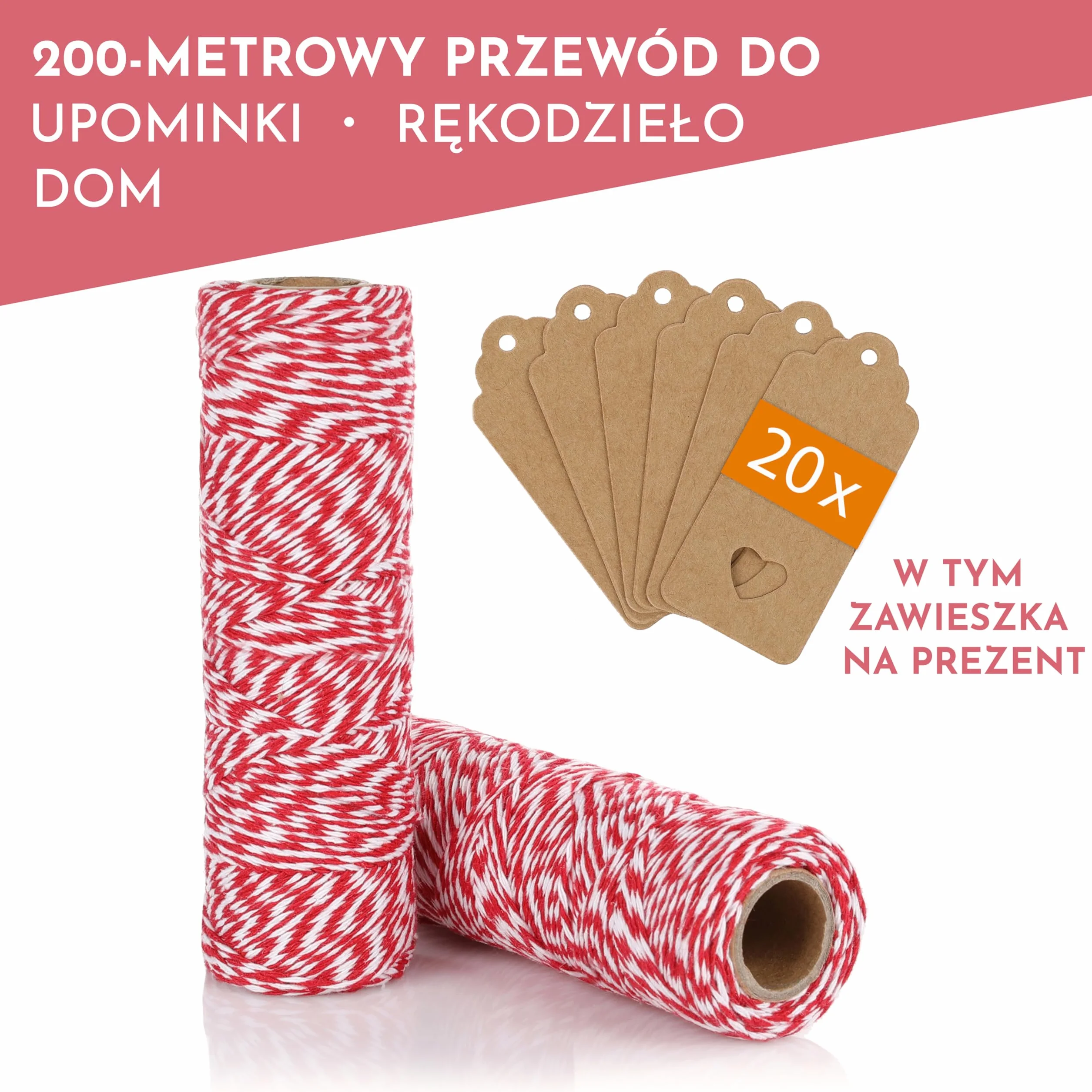 Nordstern zestaw sznurka bawełnianego 2 w 1 + 20 zawieczek prezentowych - wstążka prezentowa, sznurek jutowy, sznurek do majsterkowania, sznurek kuchenny do robótek ręcznych DIY w kuchni - czerwony