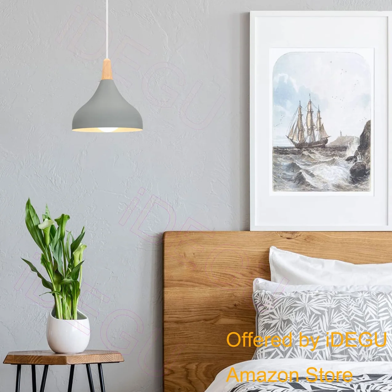 iDEGU Lampa sufitowa w stylu retro, nowoczesny styl kropli, klosz w kształcie kapelusza, E27, lampa sufitowa retro, oprawa oświetleniowa z metalu i drewna, lampa wisząca do sypialni, jadalni, kuchni