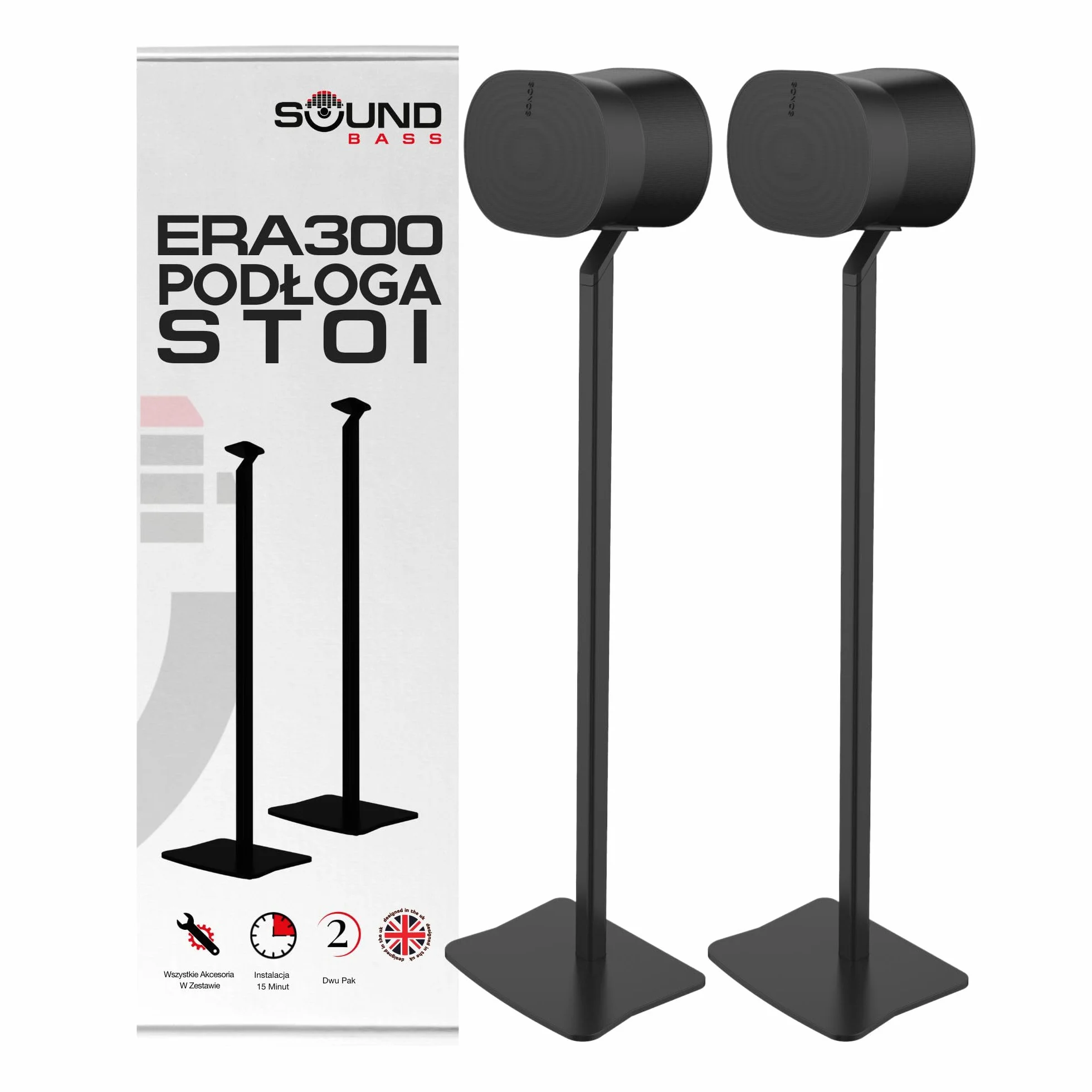 ERA300 Stojaki Podłogowe, Metalowa Konstrukcja, Zestaw 2 Szt., Czarny, Kompatybilne z Sonos ERA 300, Akcesoria w Zestawie, Zarządzanie Przewodami, Zaprojektowane w Wielkiej Brytanii, Para