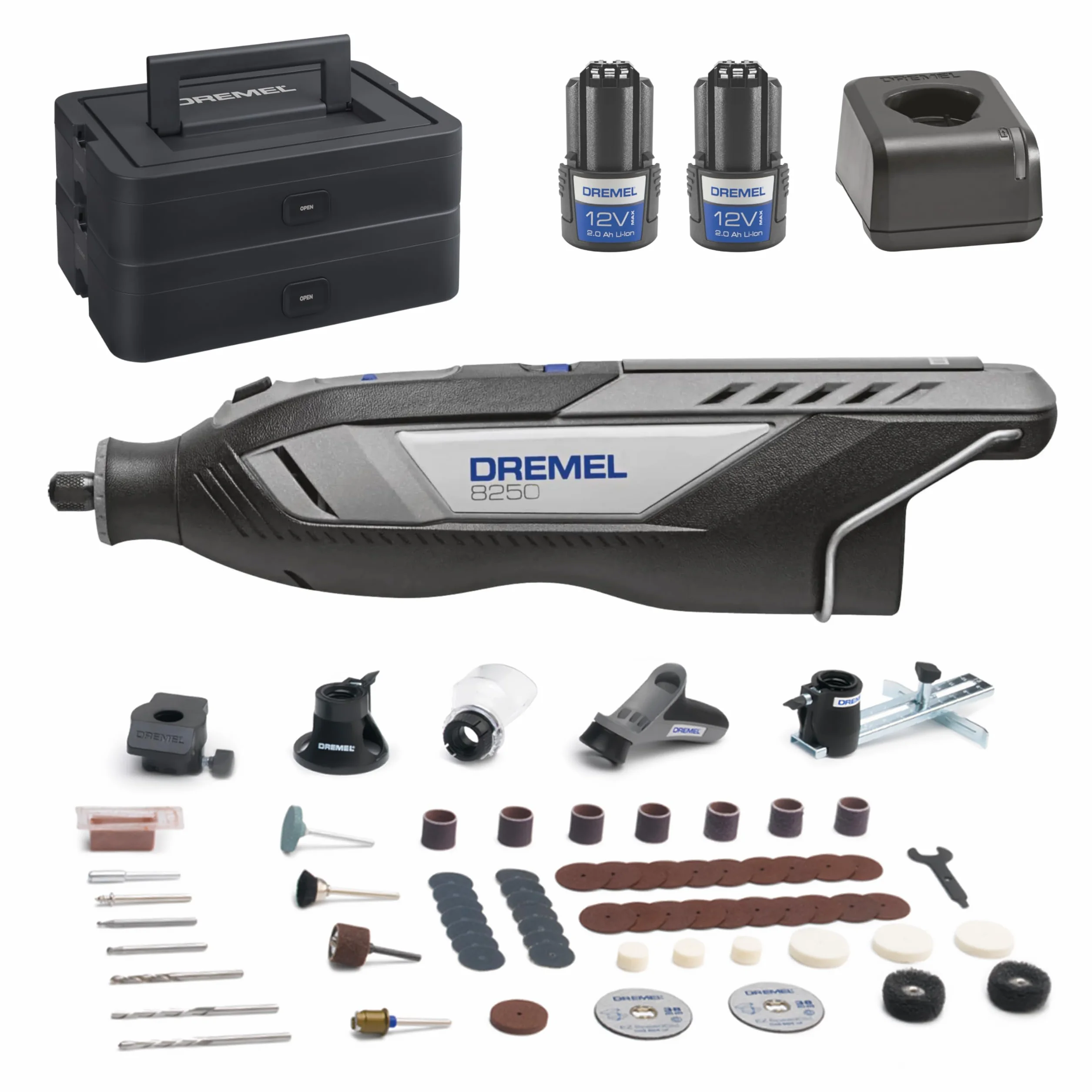Dremel 8250 12V akumulatorowe narzędzie obrotowe 5000–30 000 obr./min Bezszczotkowe narzędzie wielofunkcyjne w zestawie z pudełkiem Dremel, 65 akcesoriami, 5 nasadkami