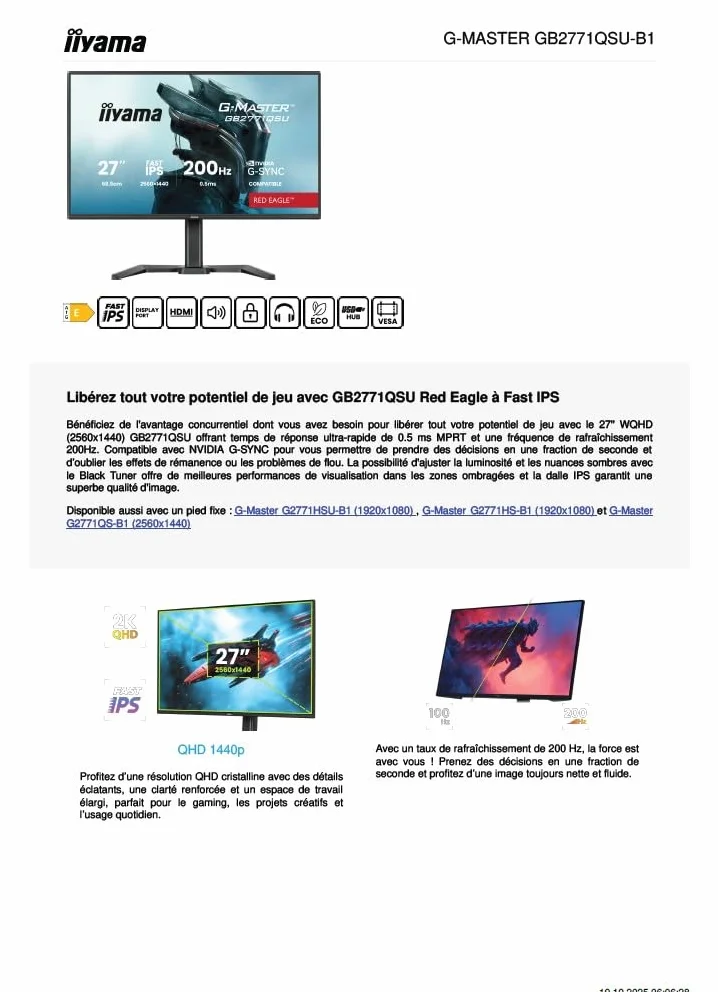 iiyama GB2771QSU-B1 27 cali IPS 2560x1440 200 Hz 2xHDMI 1xDP USB-hub HAS