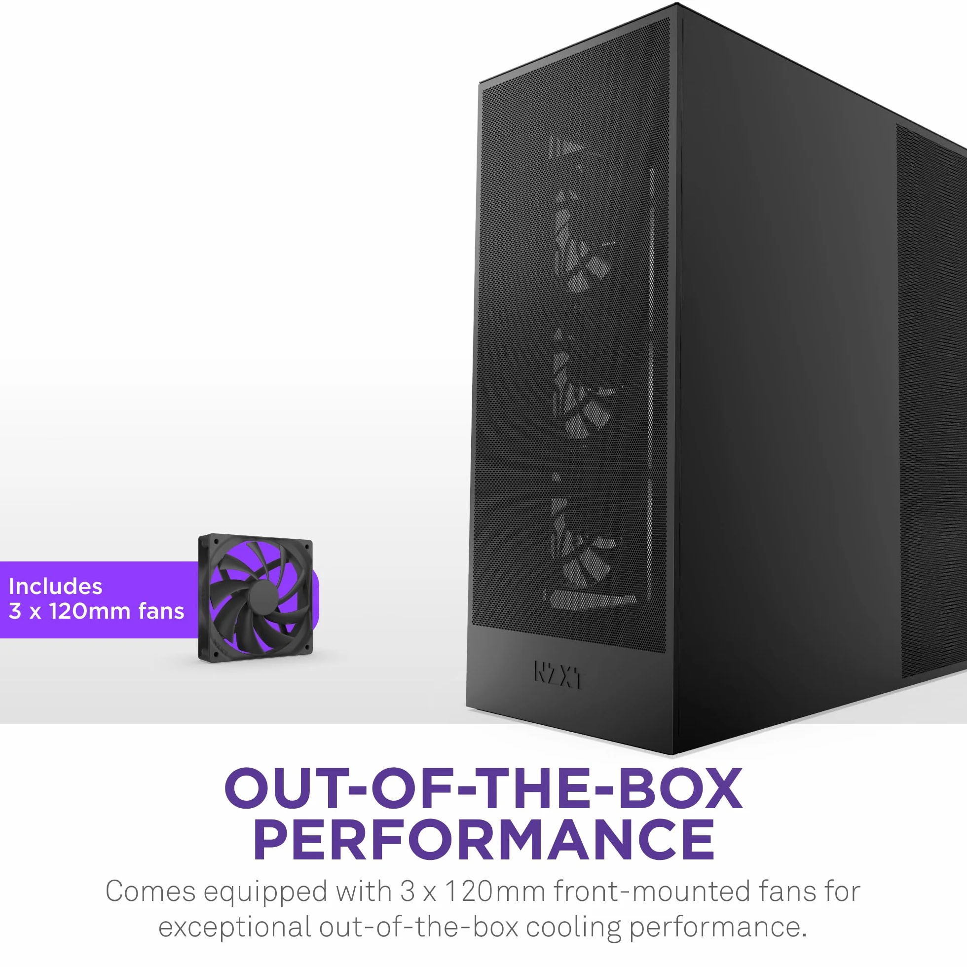 NZXT H7 Flow | Obudowa ATX Mid-Tower z przepływem powietrza | Obsługuje 3 wentylatory 120 mm na dole do bezpośredniego chłodzenia GPU | Zawiera 3 wentylatory 120 mm z przodu | Czarny