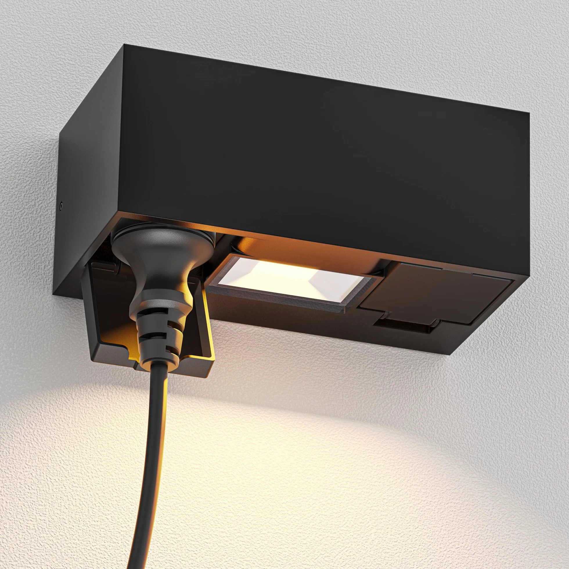 ledscom.de Gniazdo ścienne WAST do zastosowań zewnętrznych, IP44, 2-krotne, czarne, z downlightem LED, 430 lm, ciepła biel