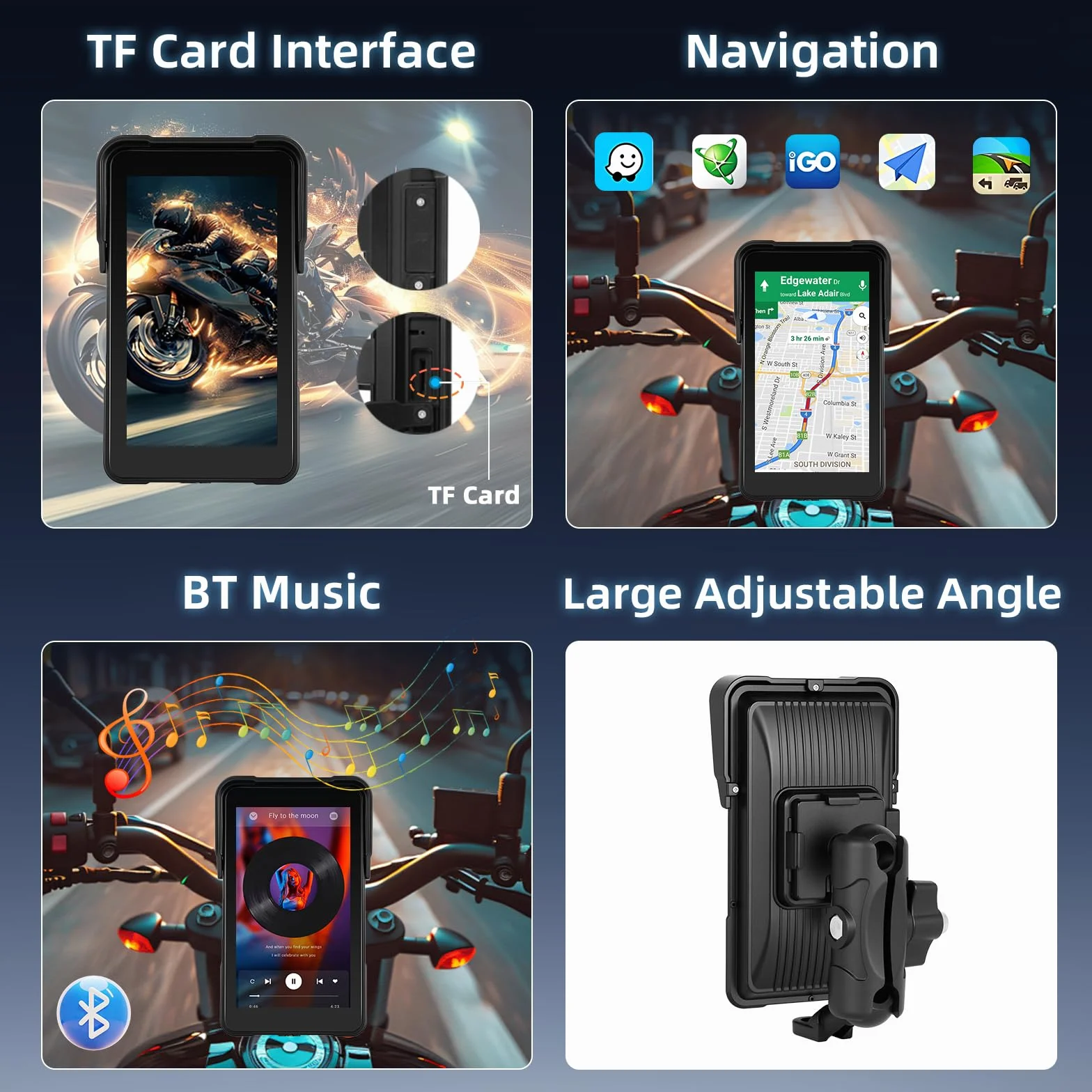 Motocyklowy ekran Carplay z nawigacją, przenośny ekran dotykowy 5" IP68, z bezprzewodowym systemem CarPlay i systemem Android, Bluetooth, EQ, kalibracją dotykowym