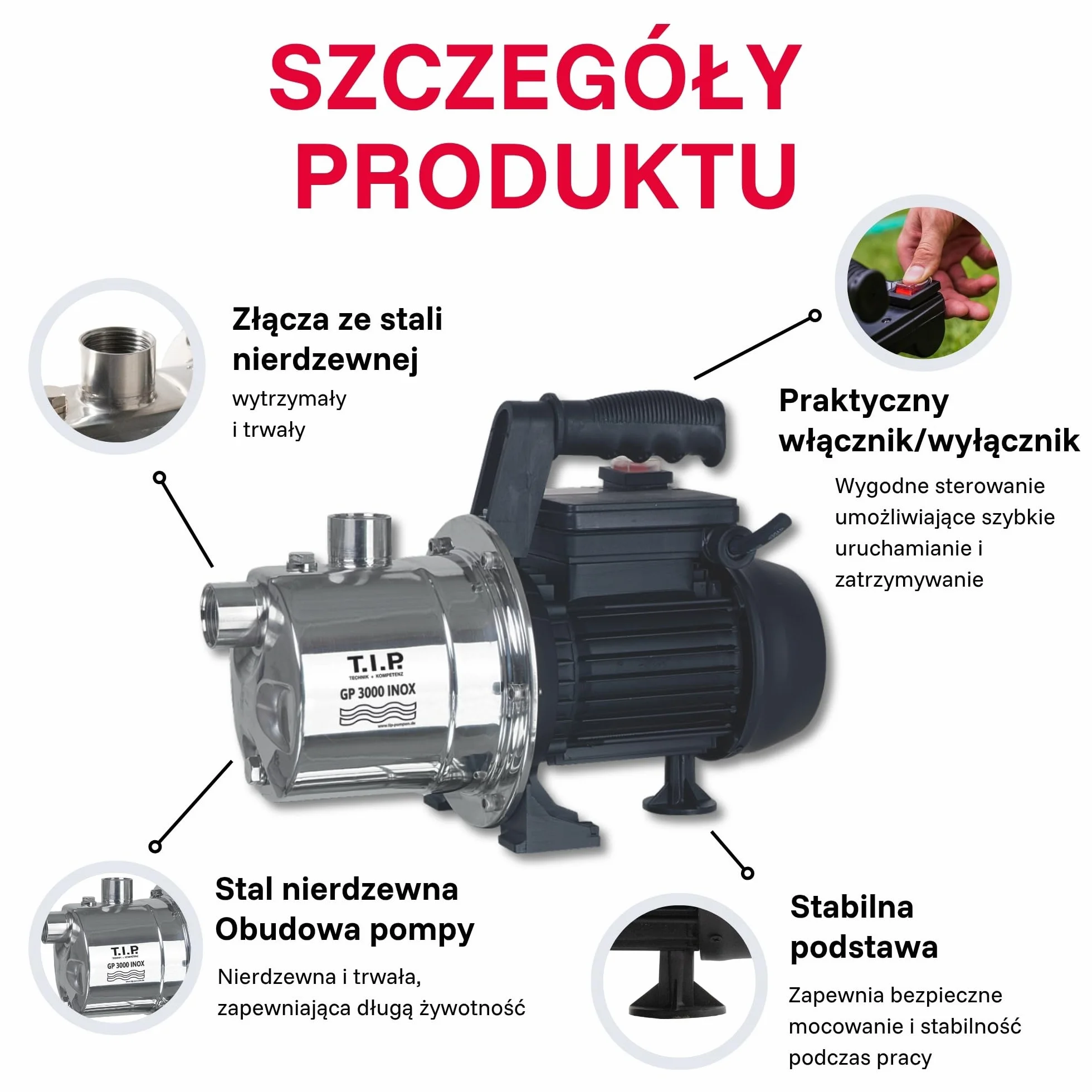 T.I.P. Pompa ogrodowa ze stali nierdzewnej GP 3000 INOX - Wydajna pompa 550 W, 2950 l/h z termicznym zabezpieczeniem przed przeciążeniem, 30111