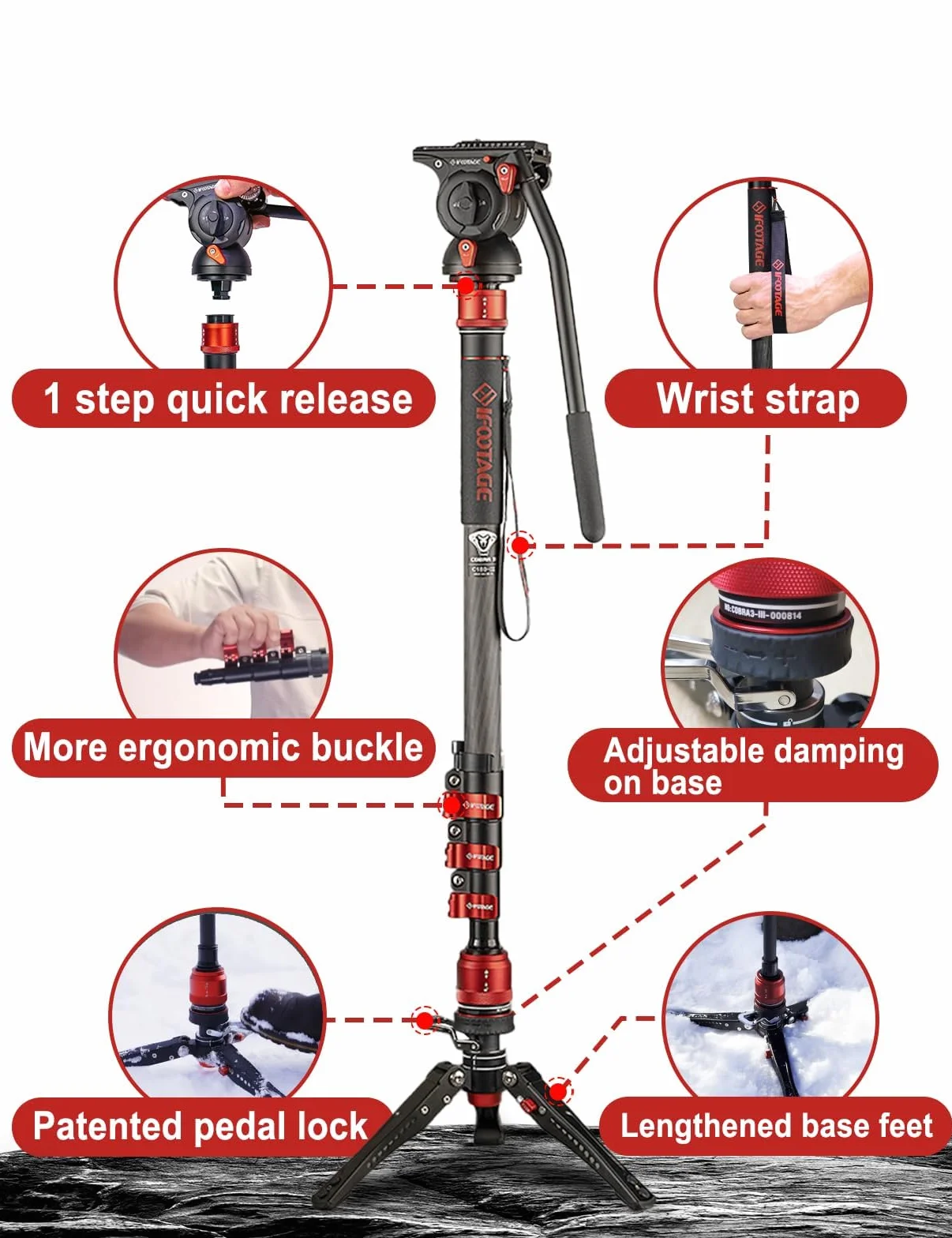 IFOOTAGE Cobra 3 C180F-P monopod do aparatu 181 cm, węgiel, 8 kg