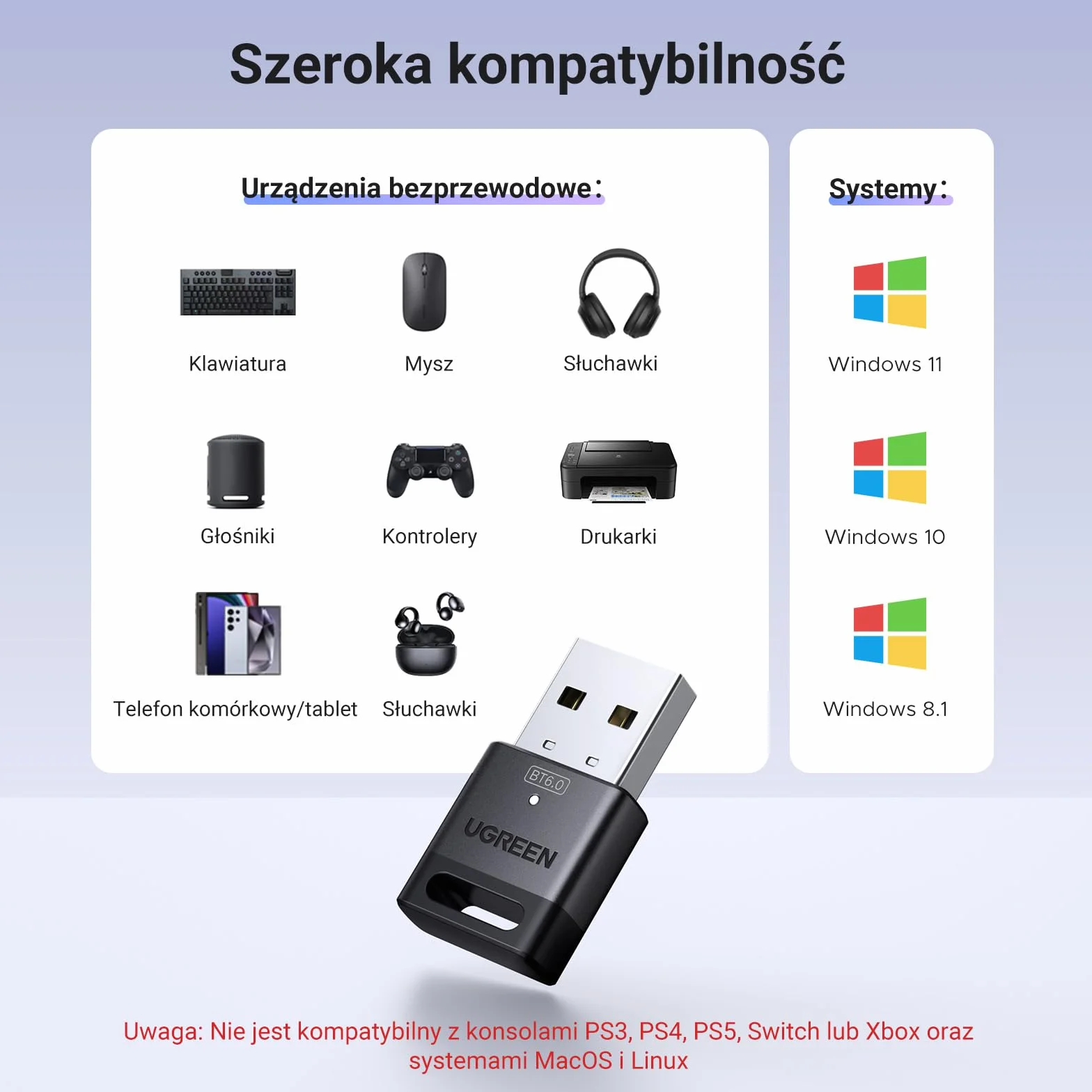 UGREEN Adapter Bluetooth 6.0 do komputera, pamięć USB Bluetooth do myszy, klawiatury, słuchawek, telefonu komórkowego, kontrolera, tylko dla systemów Windows 11/10/8.1