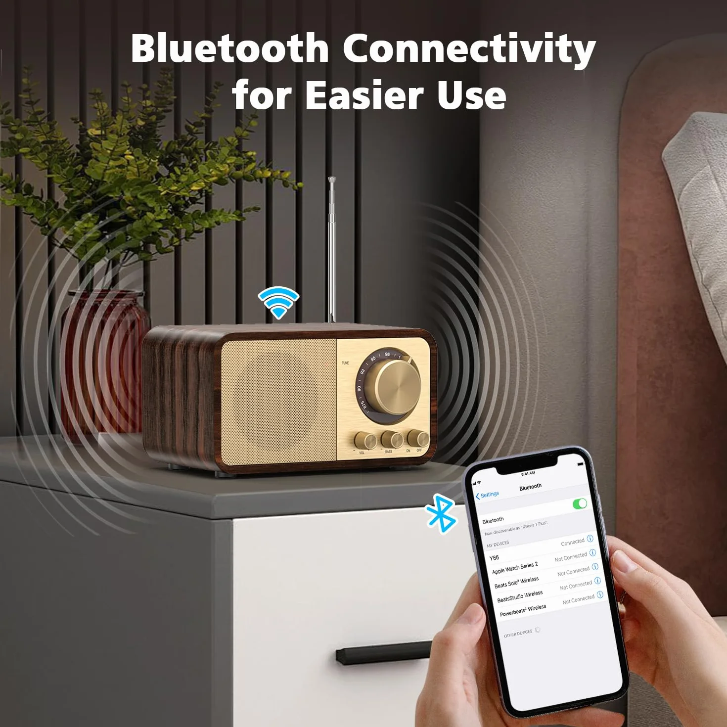 Tendak Radio FM retro Bluetooth z głośnikiem 5 W, akumulator 2000 mAh, karta TF, odtwarzacz MP3 USB, obsługa trybu AUX/bas