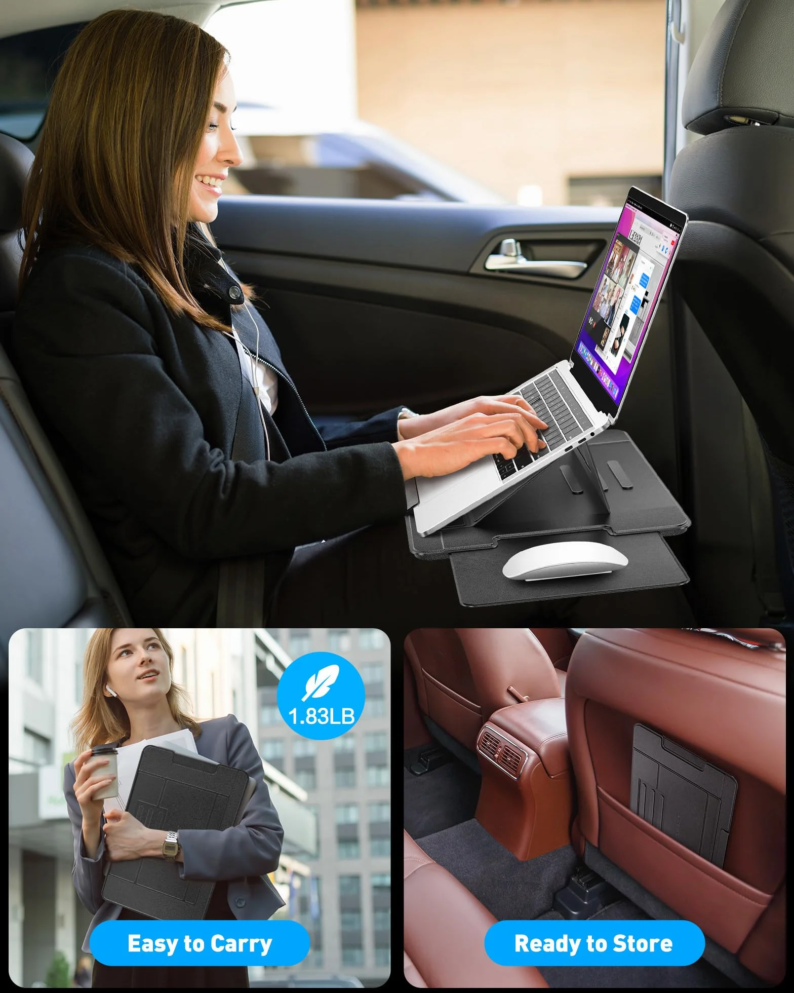 AboveTEK Przenośna taca na laptopa z wysuwaną prawą podkładką pod mysz, 3 ergonomiczne kąty, skóra PU antypoślizgowa osłona termiczna, biurko na kolana do laptopa do łóżka, sofy, podróży, pasuje do