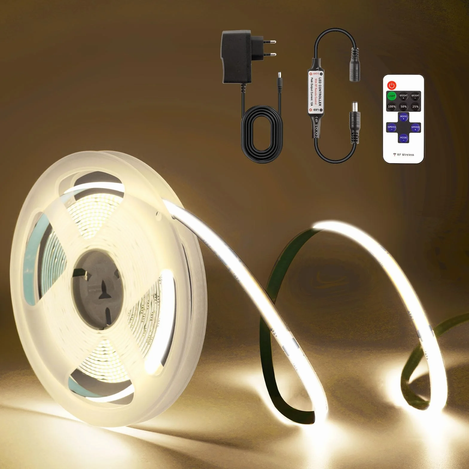 Taśma LED COB 2M, taśma LED naturalna biel 4000K, taśma świetlna 24V z funkcją ściemniania, szerokość 8mm, z pilotem RF i zasilaczem, do dekoracji domu, kuchni, lustra
