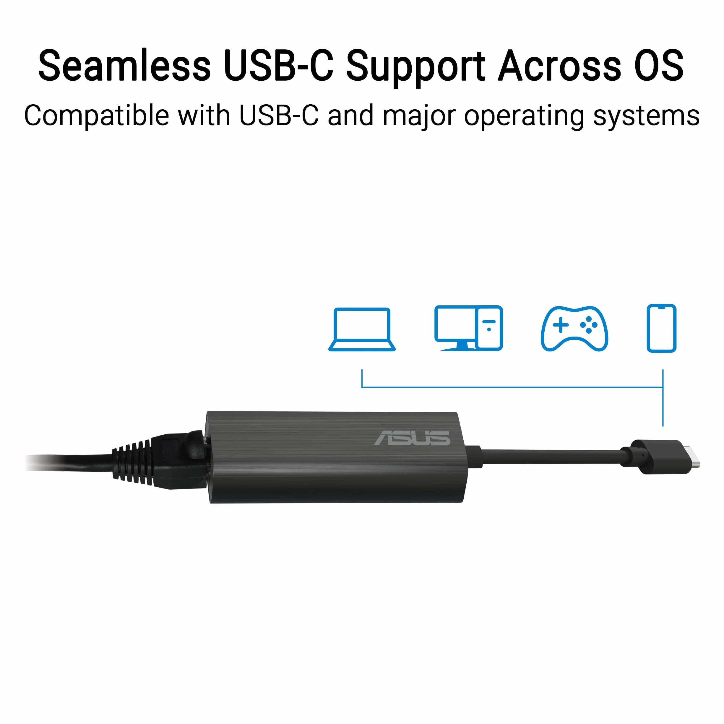 ASUS USB-C2500 V2, adapter Ethernet 2,5 G, kompatybilny z 2,5 G/1 G/100 Mbps, łatwa instalacja, szeroka kompatybilność dzięki portowi USB, kompaktowy i odpowiedni do podróży, czarny