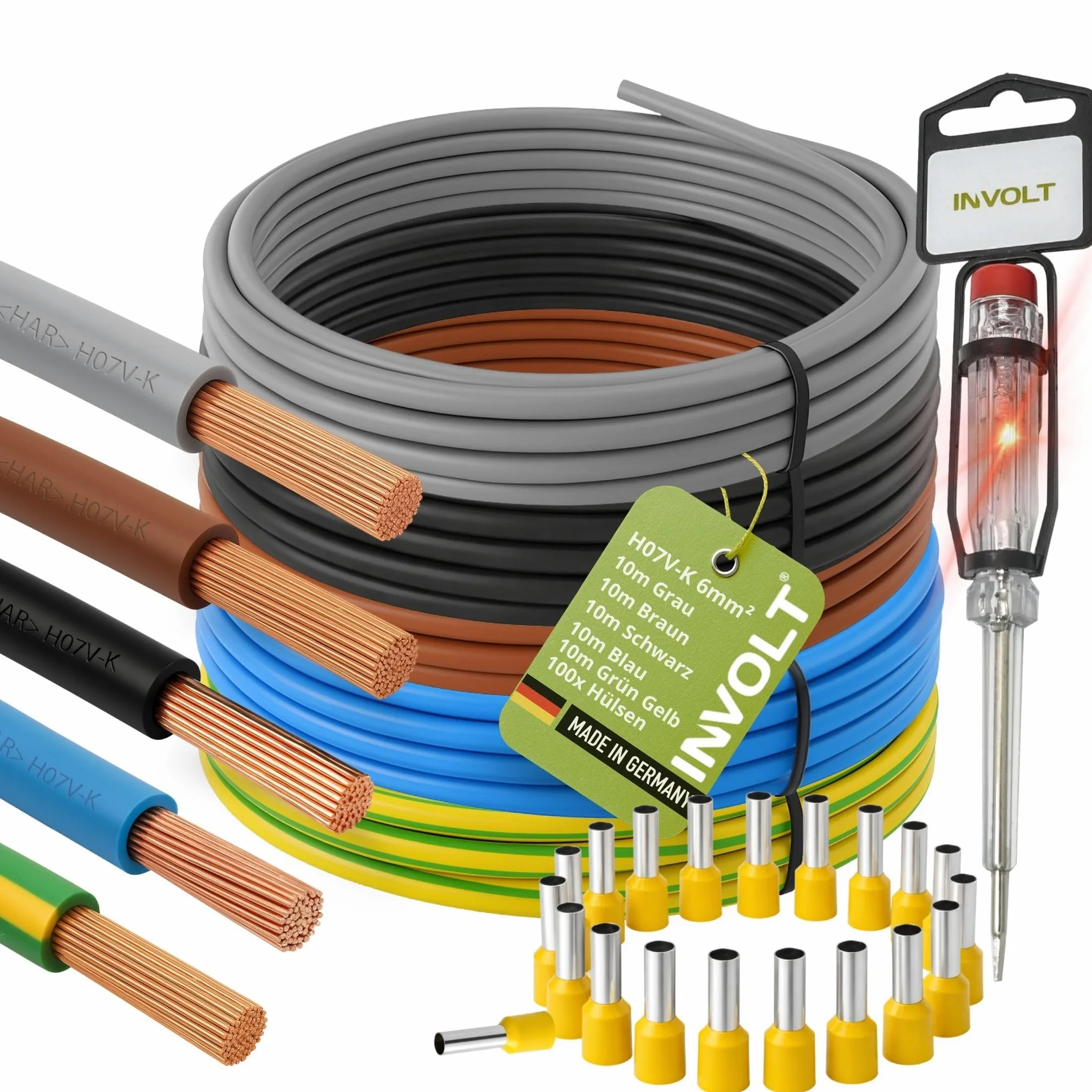 INVOLT H07V-K przewód okablowania 6 mm², zestaw 5 sztuk, pojedyncza żyła, czarna, niebieska, brązowa, szara, zielono-żółta z tulejkami kablowymi i próbnikiem napięcia (10 m + 100 tulejek)