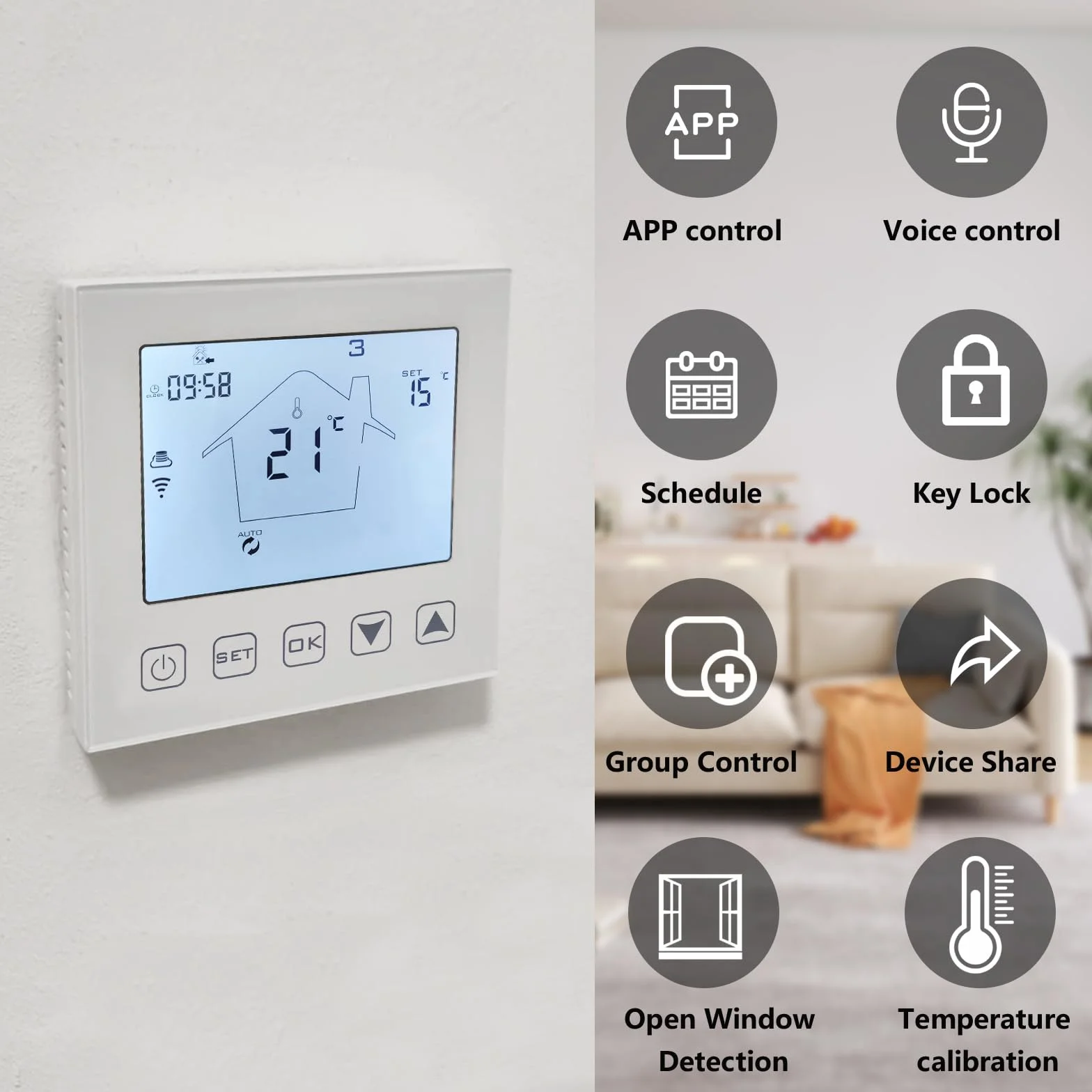 KETOTEK Termostat WiFi Elektryczne Ogrzewanie Podłogowe Alexa/Google Assistant zgodny 230V z sondą, Inteligentny Termostat Pokojowy do Podłogi Biały Tuya/Smart Life App Kontrola