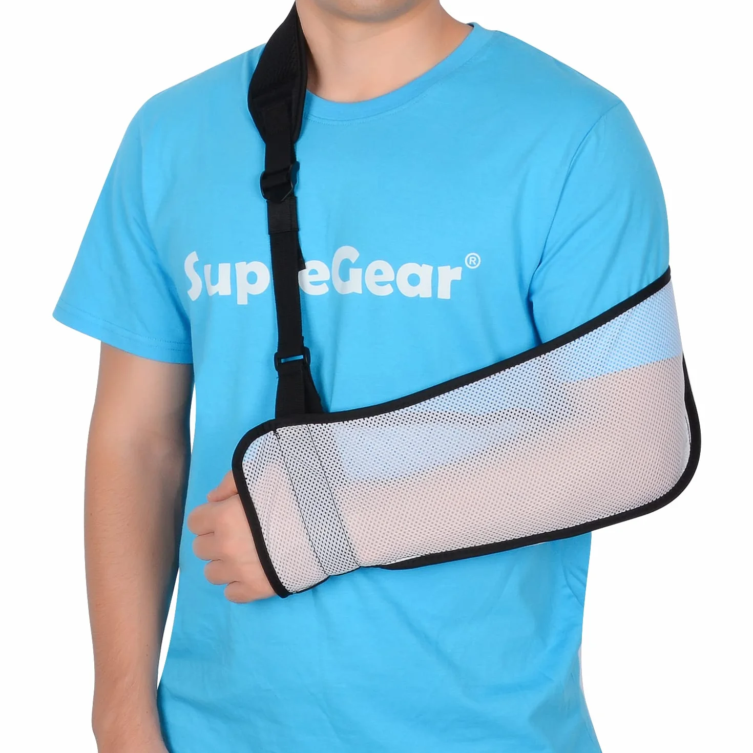 supregear Siatkowa chusta na ramię, regulowana, lekka, wygodna chusta na ramię, immobilizer, oddychająca, lewe ramię, stabilizator, wsparcie dla urazów, łokcia, nadgarstka, dłoni (biała)