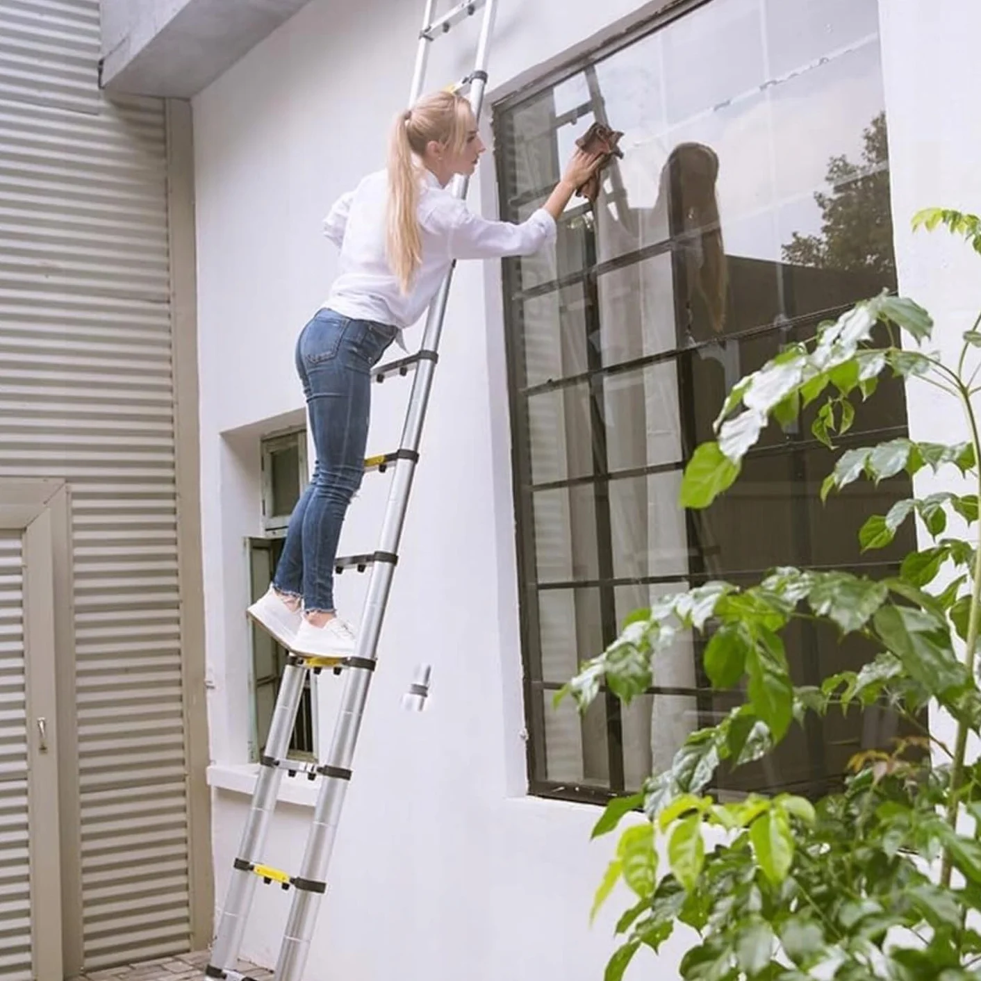 Drabina teleskopowa wysuwana z funkcją przegubową – 6,2m / 620cm (2x3,1m drabina wolnostojąca), aluminiowa drabina wielofunkcyjna kombi, norma EN131 obciążenie 150kg, antypoślizgowa & oszczędzająca miejsce, dom & budowa