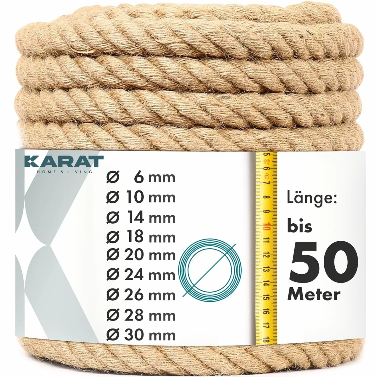 KARAT Sznurek jutowy o grubości 50 m, 30 mm, w 100% z naturalnej juty, bardzo mocny sznurek jutowy, do uprawiania sportu, dekoracji ogrodu, majsterkowania, drapania