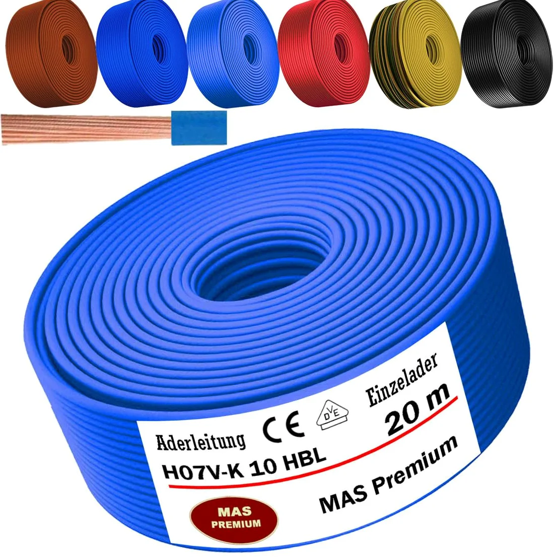 MAS Premium Przewód żyłowy od 5 do 100 m H07 V-K 10 mm², czarny, brązowy, ciemnoniebieski, zielono-żółty, jasnoniebieski lub czerwony, elastyczny (jasnoniebieski, 20 m)