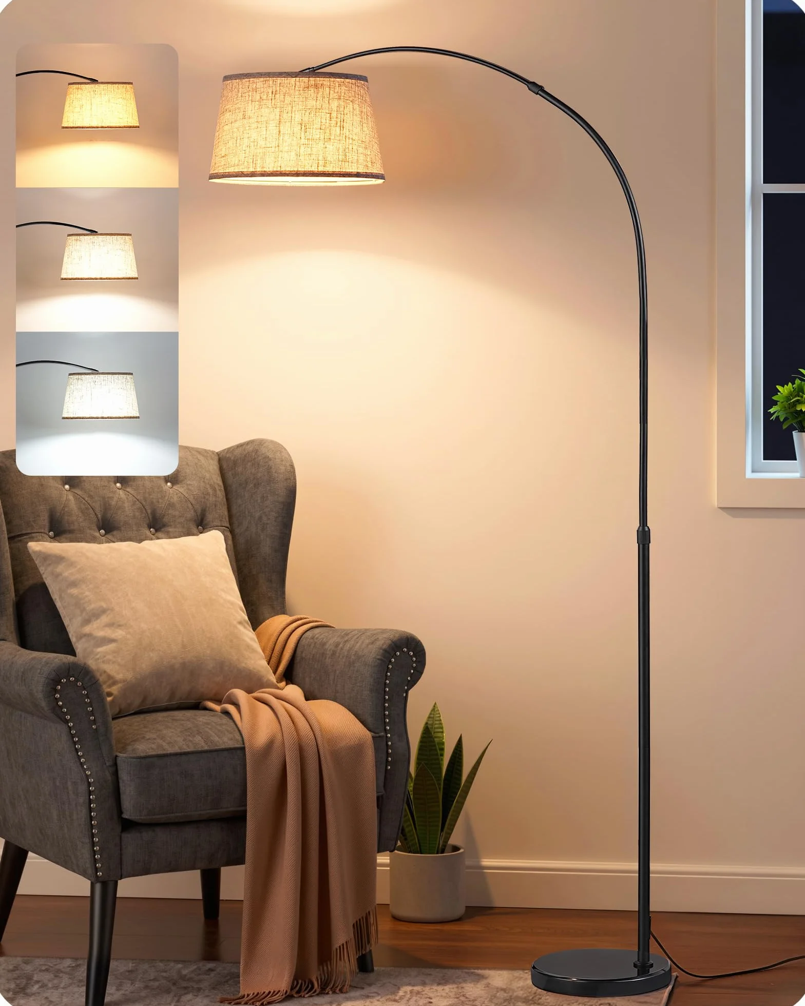 EDISHINE lampa stojąca Wohnzimmer, 143-176 cm drążek regulacyjny, lampa łukowa z głowicą i regulacją metalu, magnetyczne sterowanie pałeczkami, Stufenlos ściemniacz, E27 Fassung wraz z żarówką LED 9 W