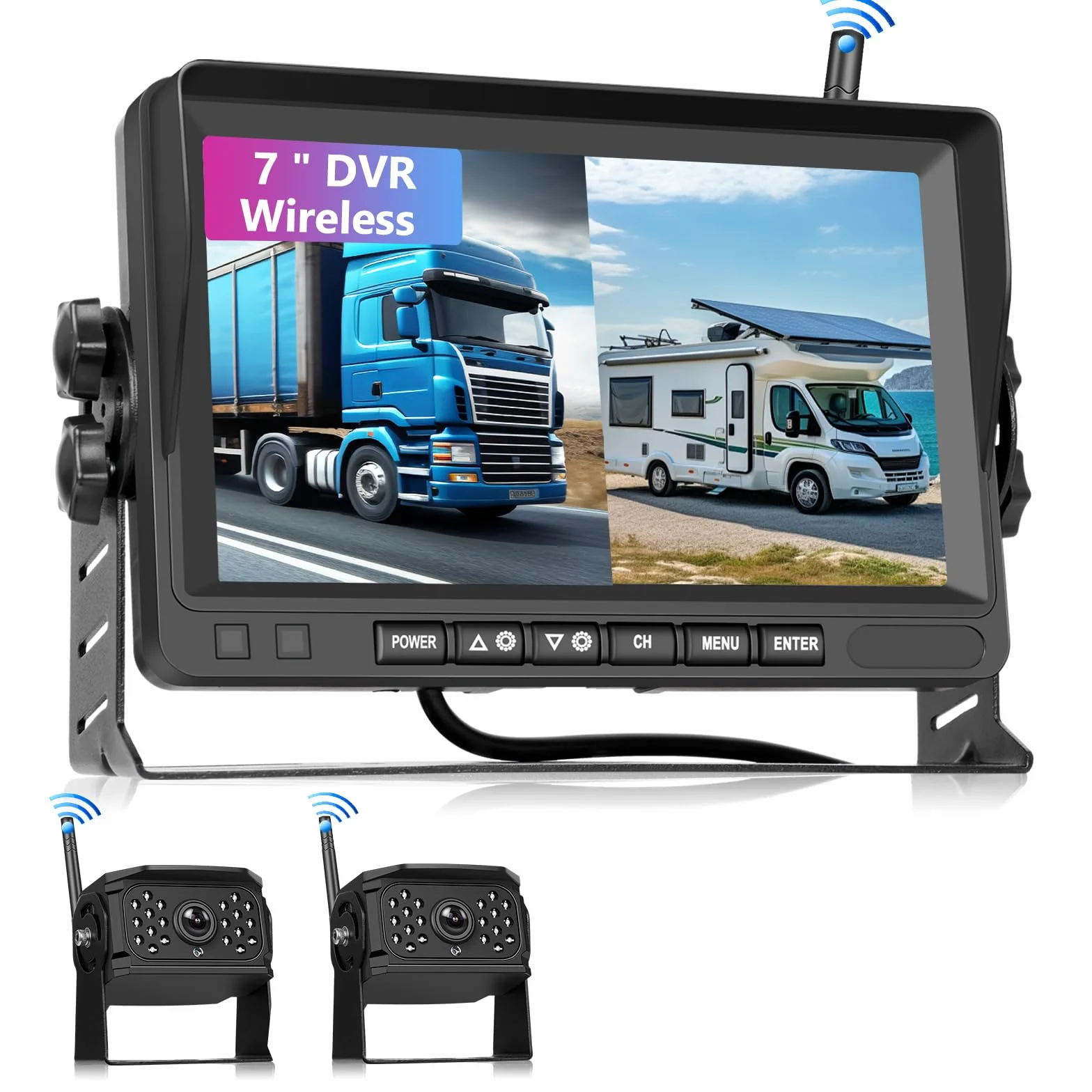 VECHTEL Bezprzewodowa kamera cofania 1080P 7-calowy monitor IPS zestaw DVR 2 kamery IP68 noktowizor